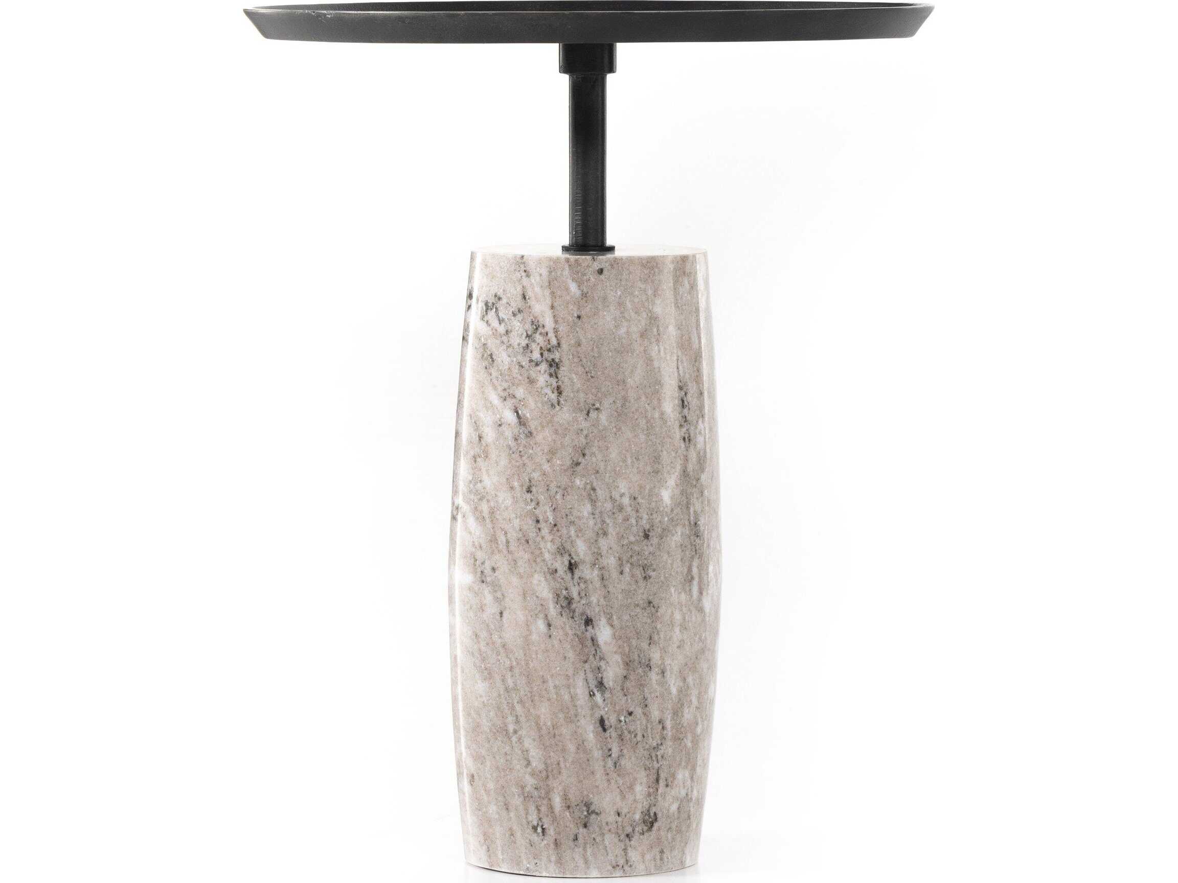 Four Hands Marlow Cronos Round Metal River Grey Marble Solid Aged End Table