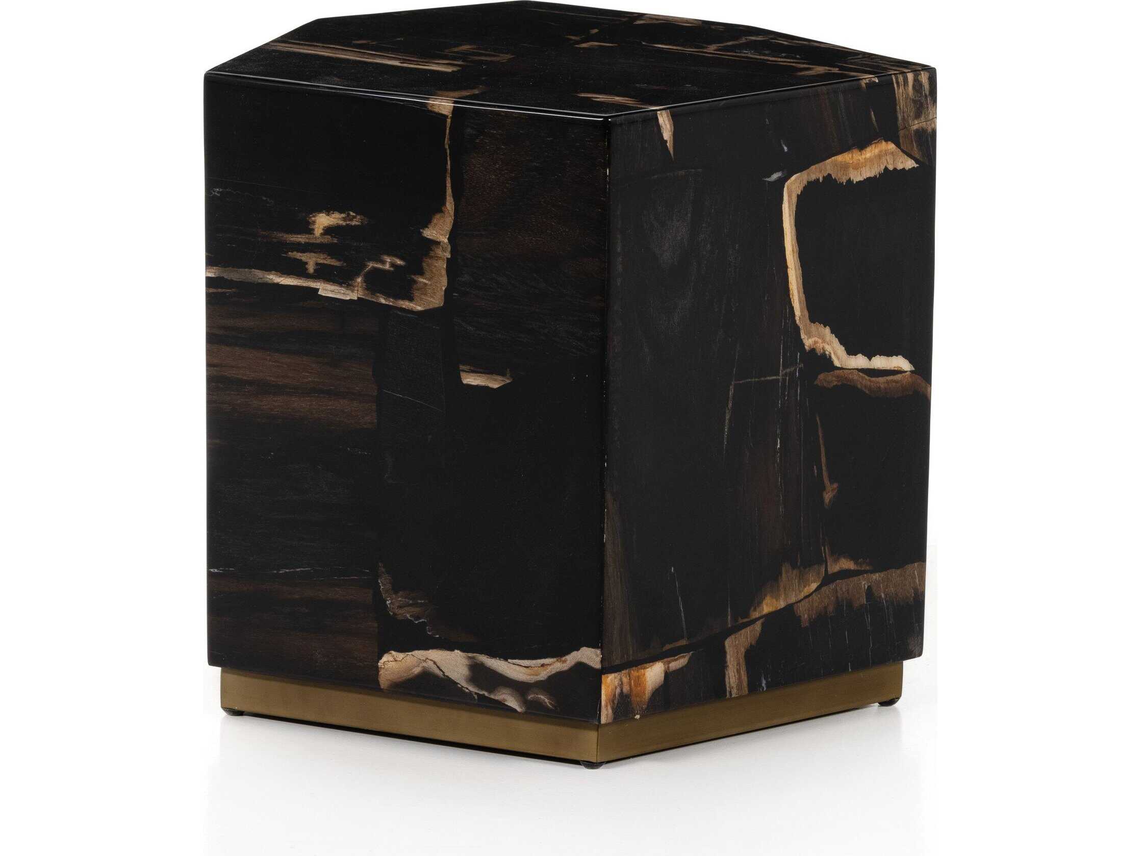 Four Hands Palu Shep Rectangular Matte Brass Dark Petrified Wood End Table