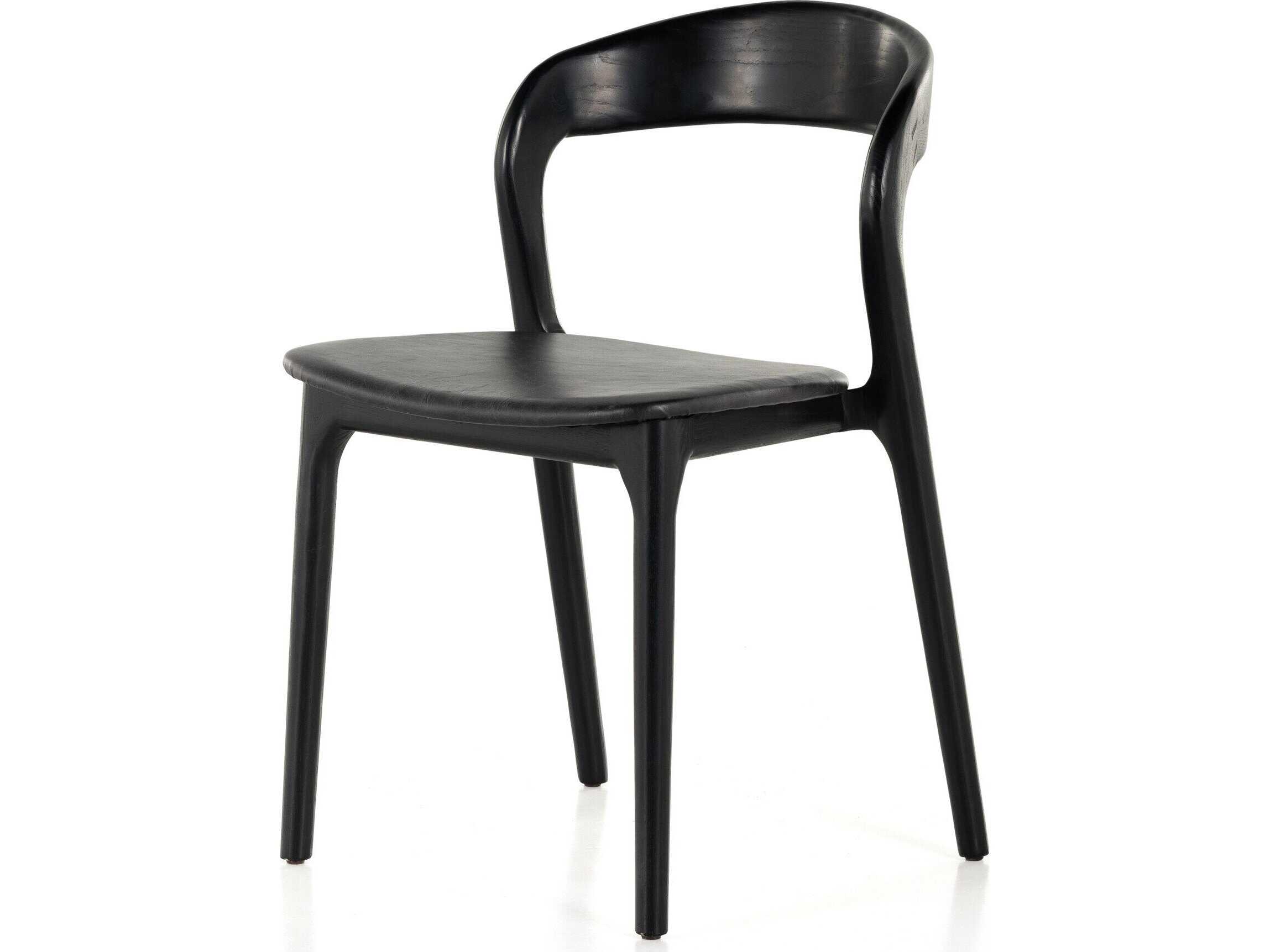 Four Hands Allston Amare Leather Ash Wood Black Upholstered Side Dining Chair