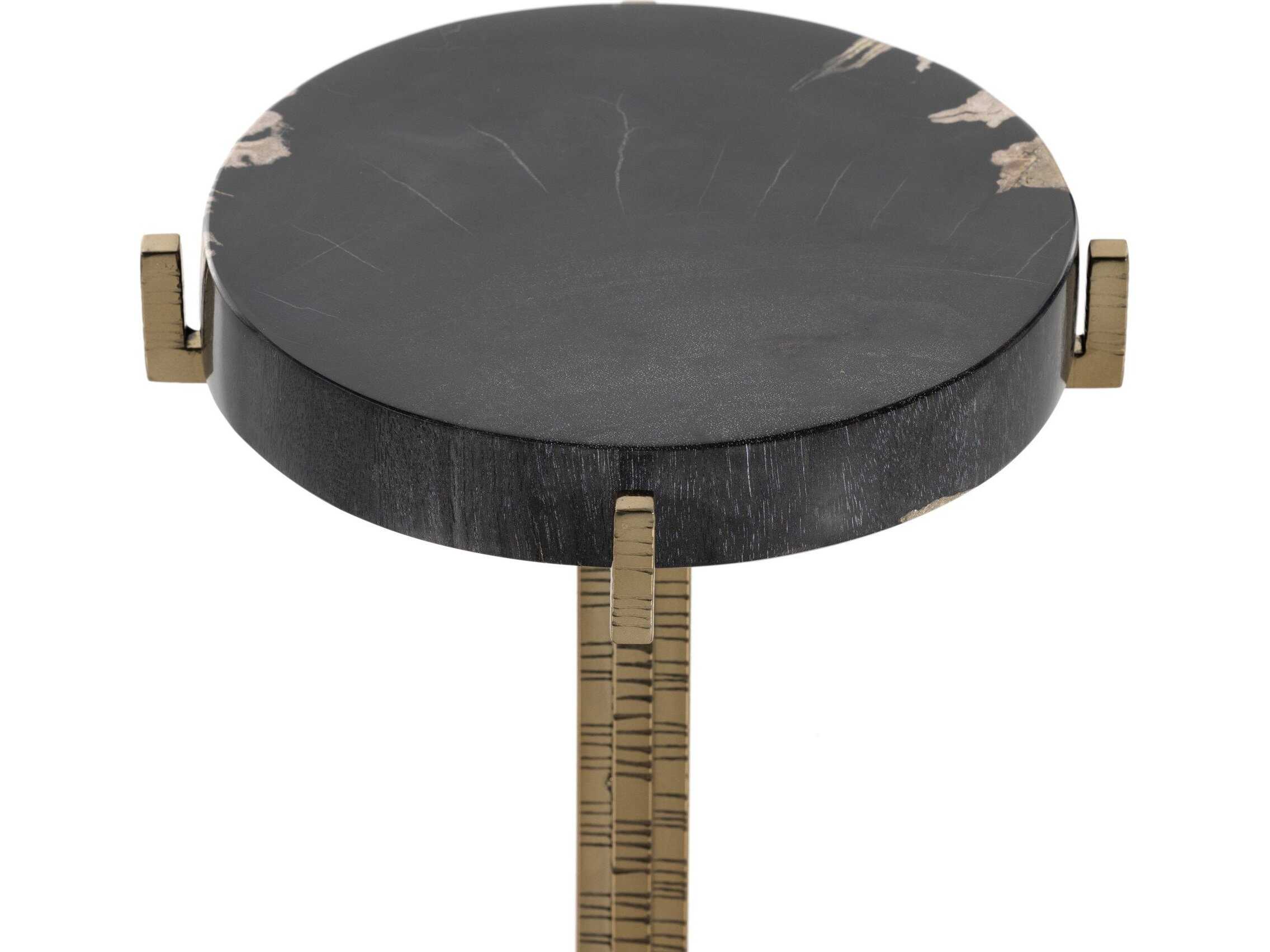 Four Hands Palu Jonty 9" Round Textured Brass Dark Petrified Wood End Table