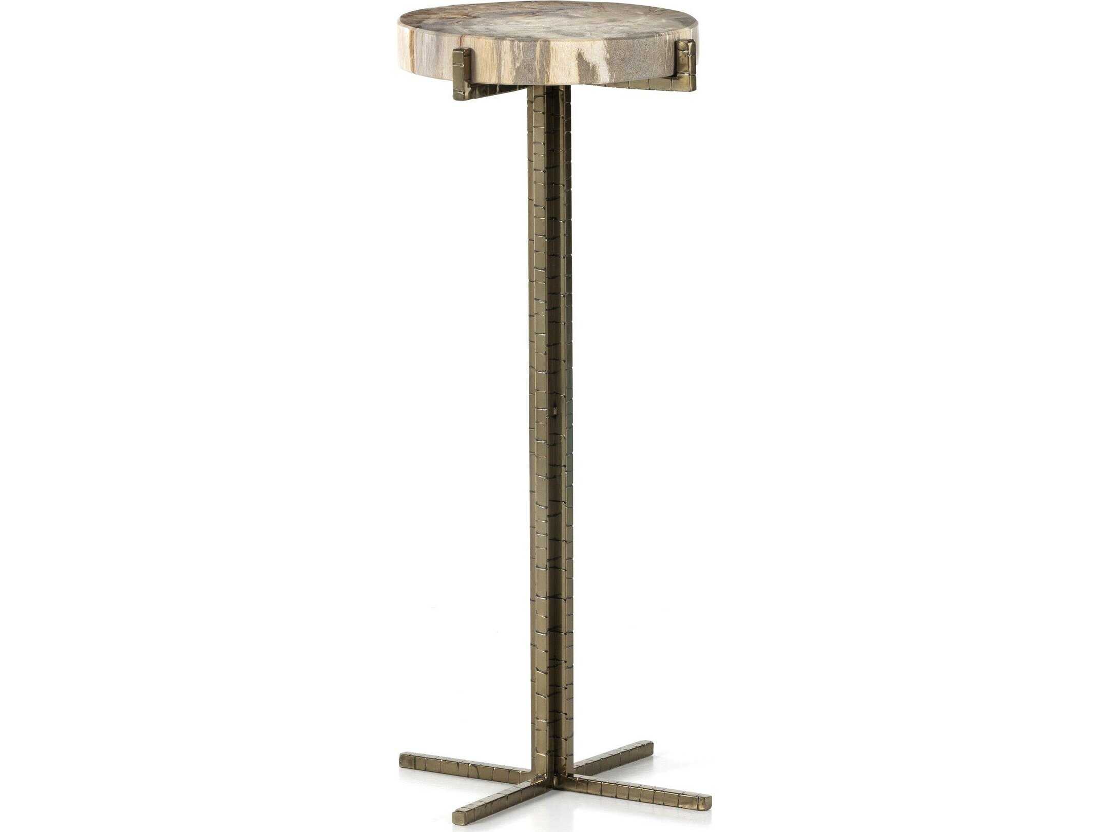 Four Hands Palu Jonty 9" Round Textured Brass Light Petrified Wood End Table