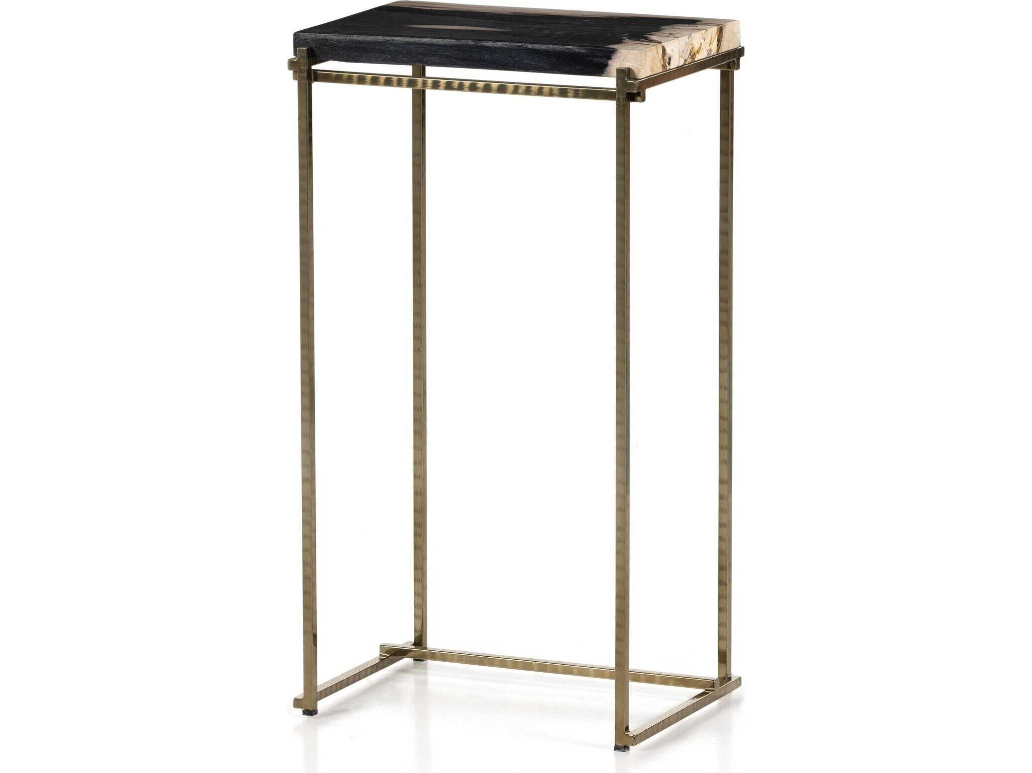 Four Hands Palu Tig Rectangular Textured Brass Dark Petrified Wood End Table