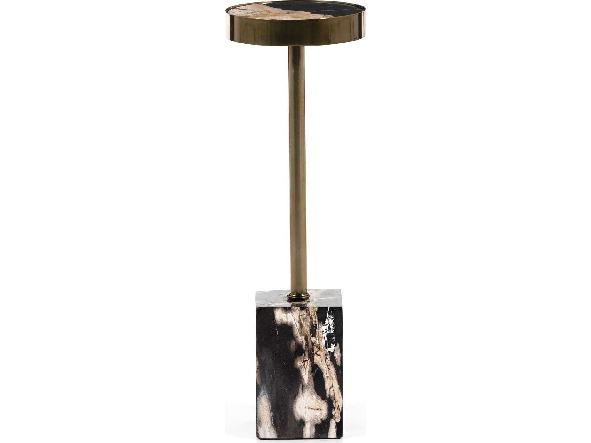 Four Hands Palu Bevin 8" Round Dark Petrified Wood Shiny Brass End Table