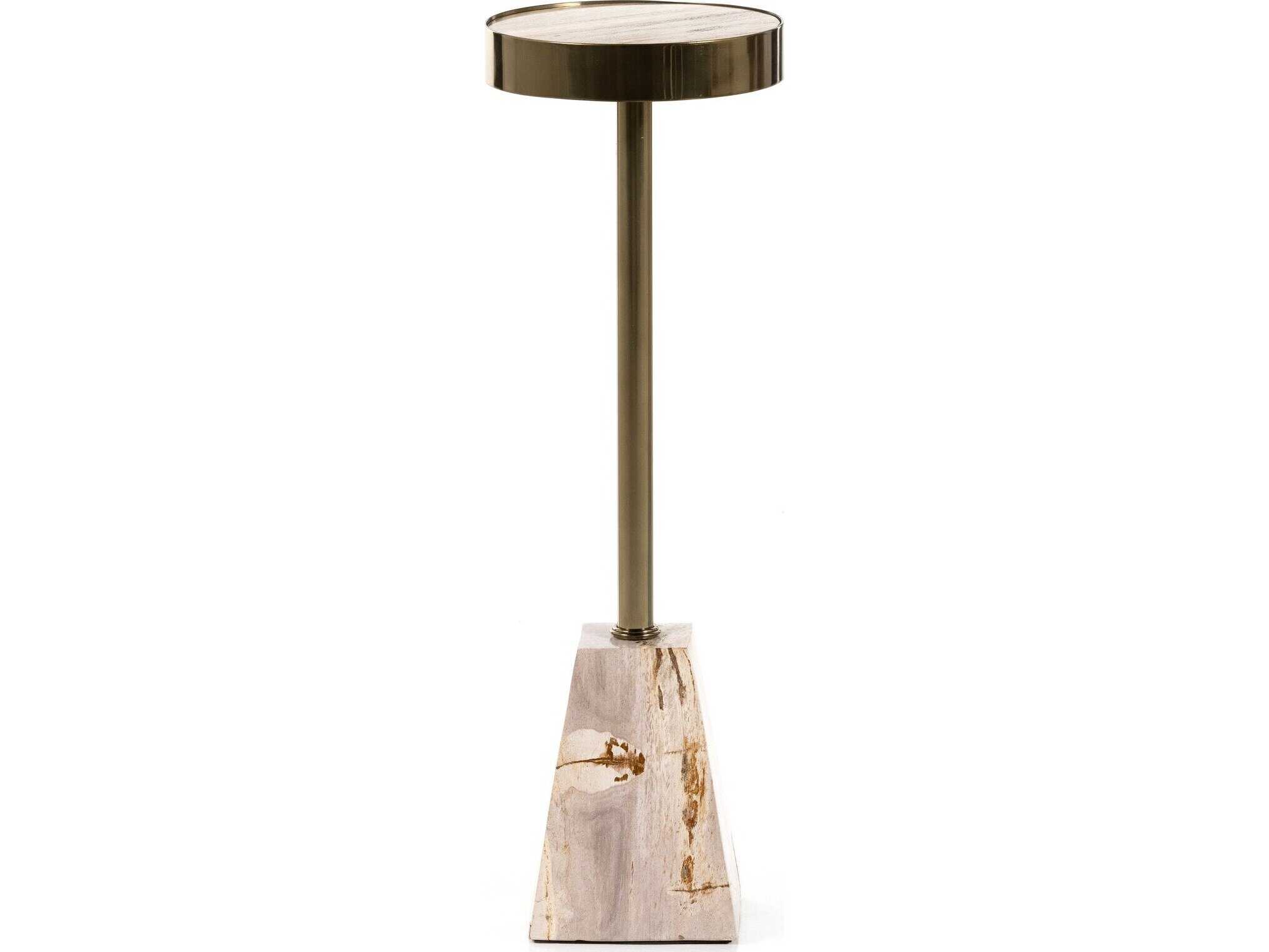 Four Hands Palu Galen 8" Round Dark Petrified Wood Shiny Brass End Table