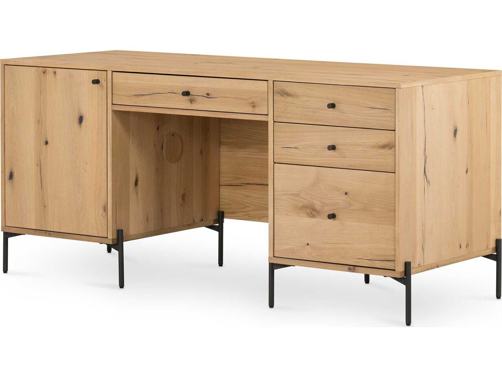 Four Hands Haiden Eaton Light Oak Resin Dark Gunmetal Brown Wood Executive Desk