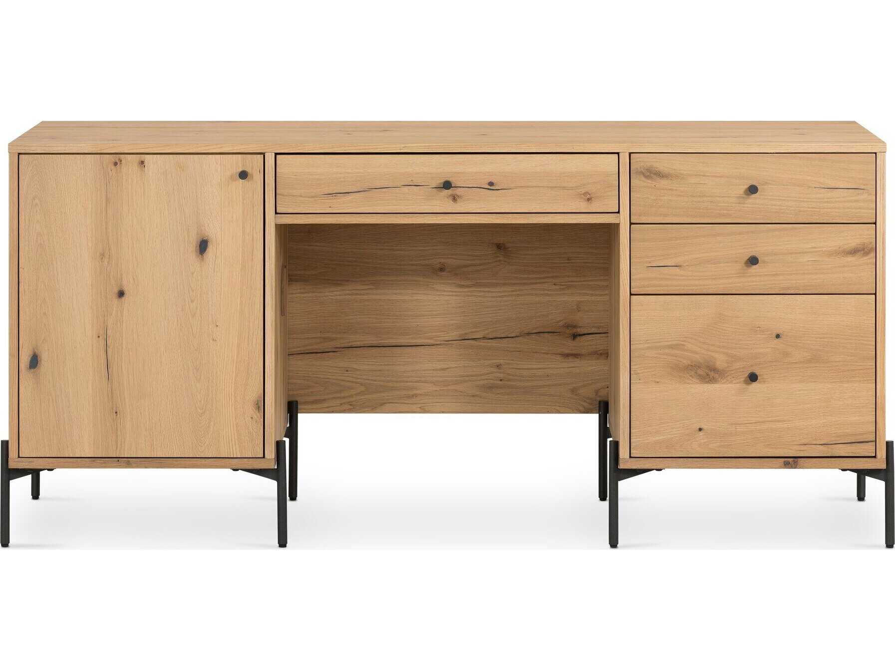 Four Hands Haiden Eaton Light Oak Resin Dark Gunmetal Brown Wood Executive Desk