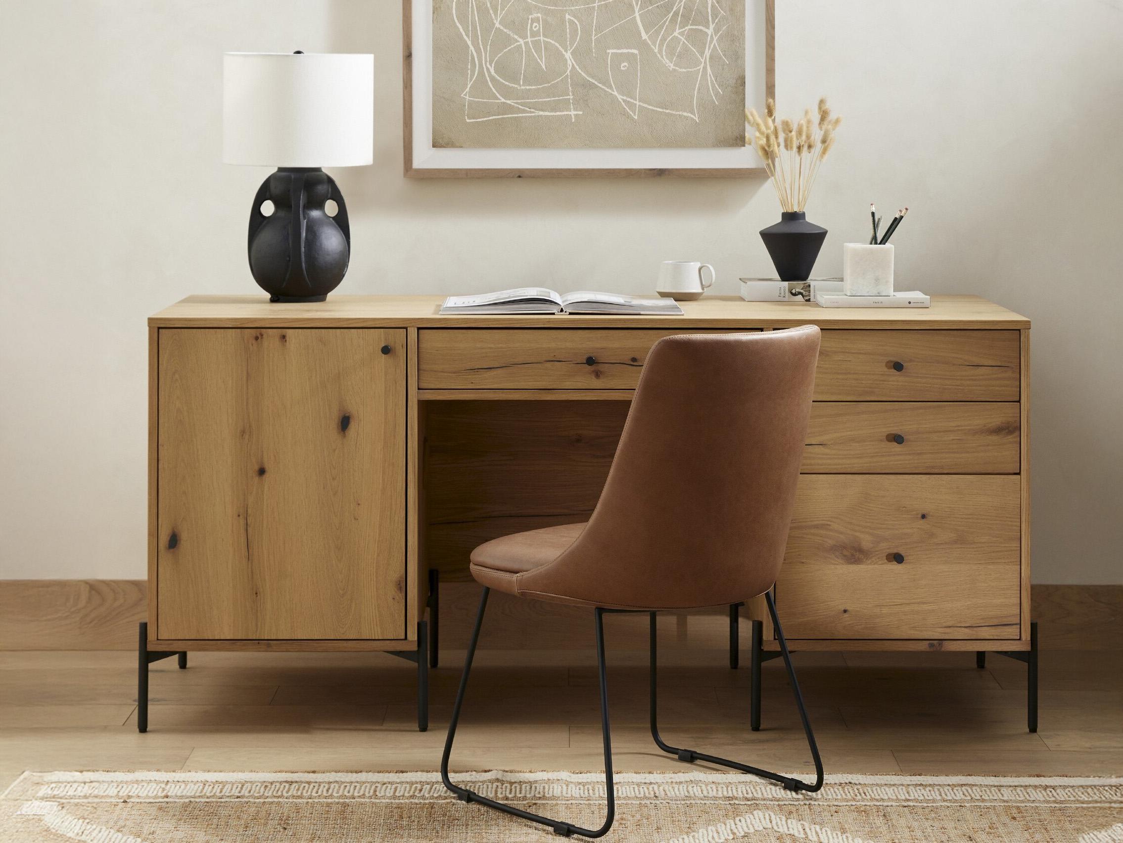 Four Hands Haiden Eaton Light Oak Resin Dark Gunmetal Brown Wood Executive Desk