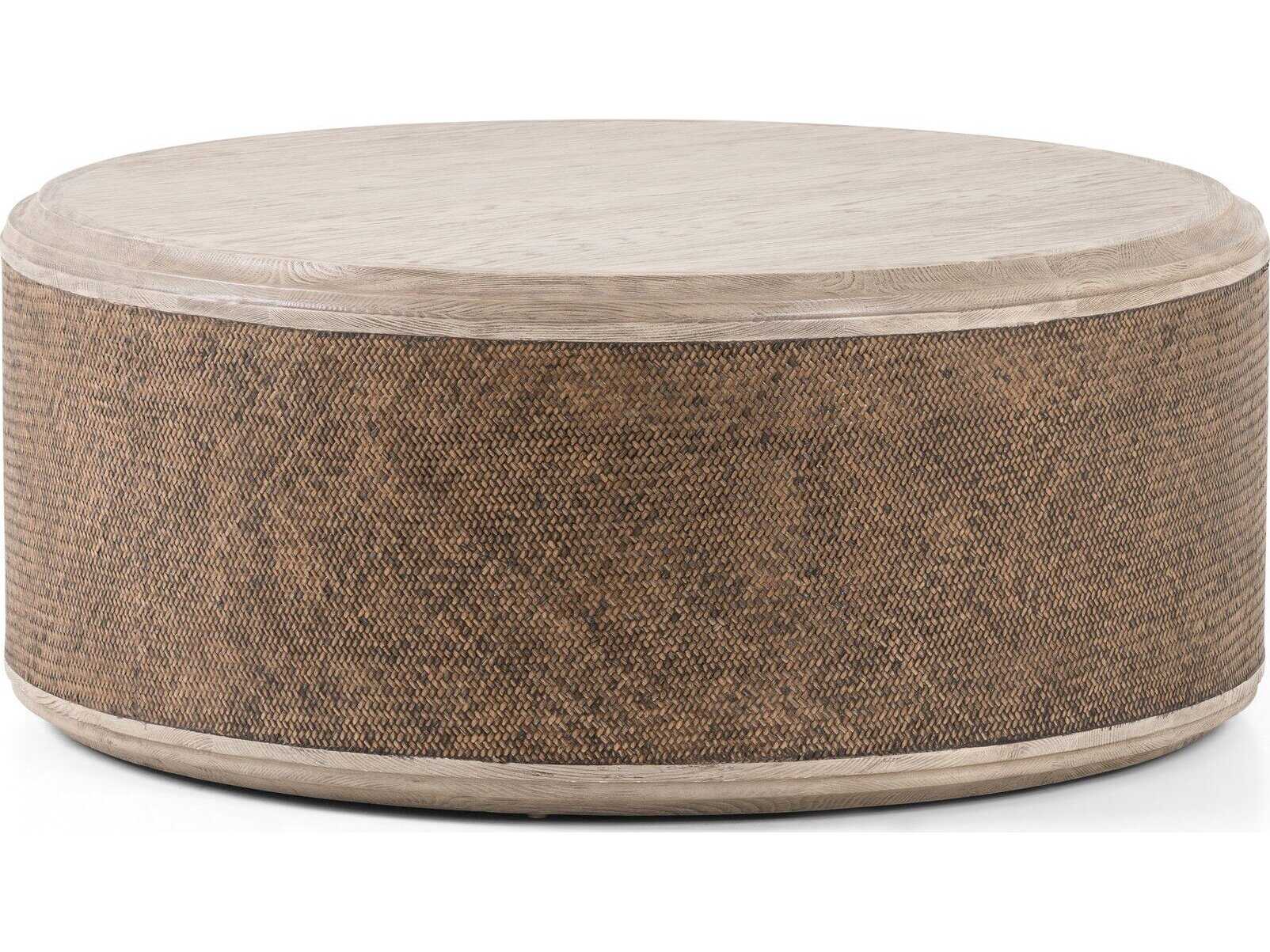 Four Hands Hughes Kiara Round Wood Weathered Blonde Pine Rustic Rattan Coffee Table