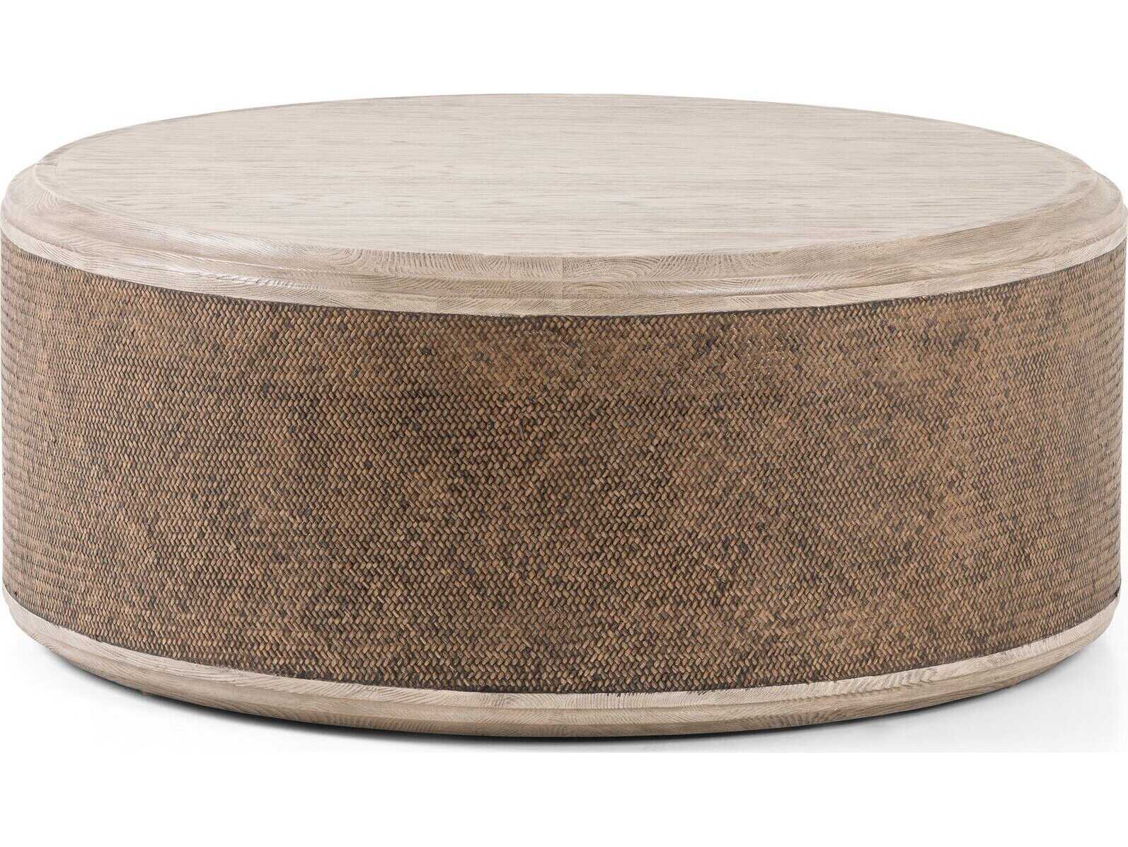 Four Hands Hughes Kiara Round Wood Weathered Blonde Pine Rustic Rattan Coffee Table