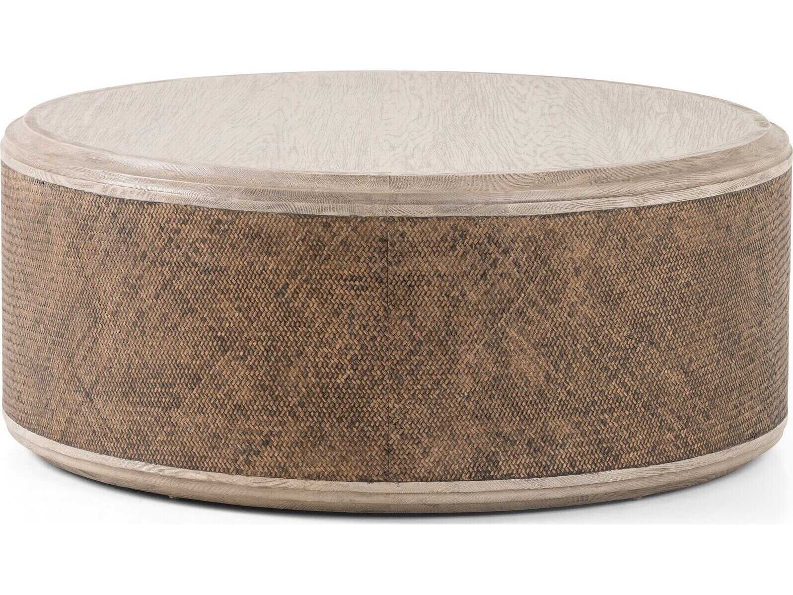 Four Hands Hughes Kiara Round Wood Weathered Blonde Pine Rustic Rattan Coffee Table