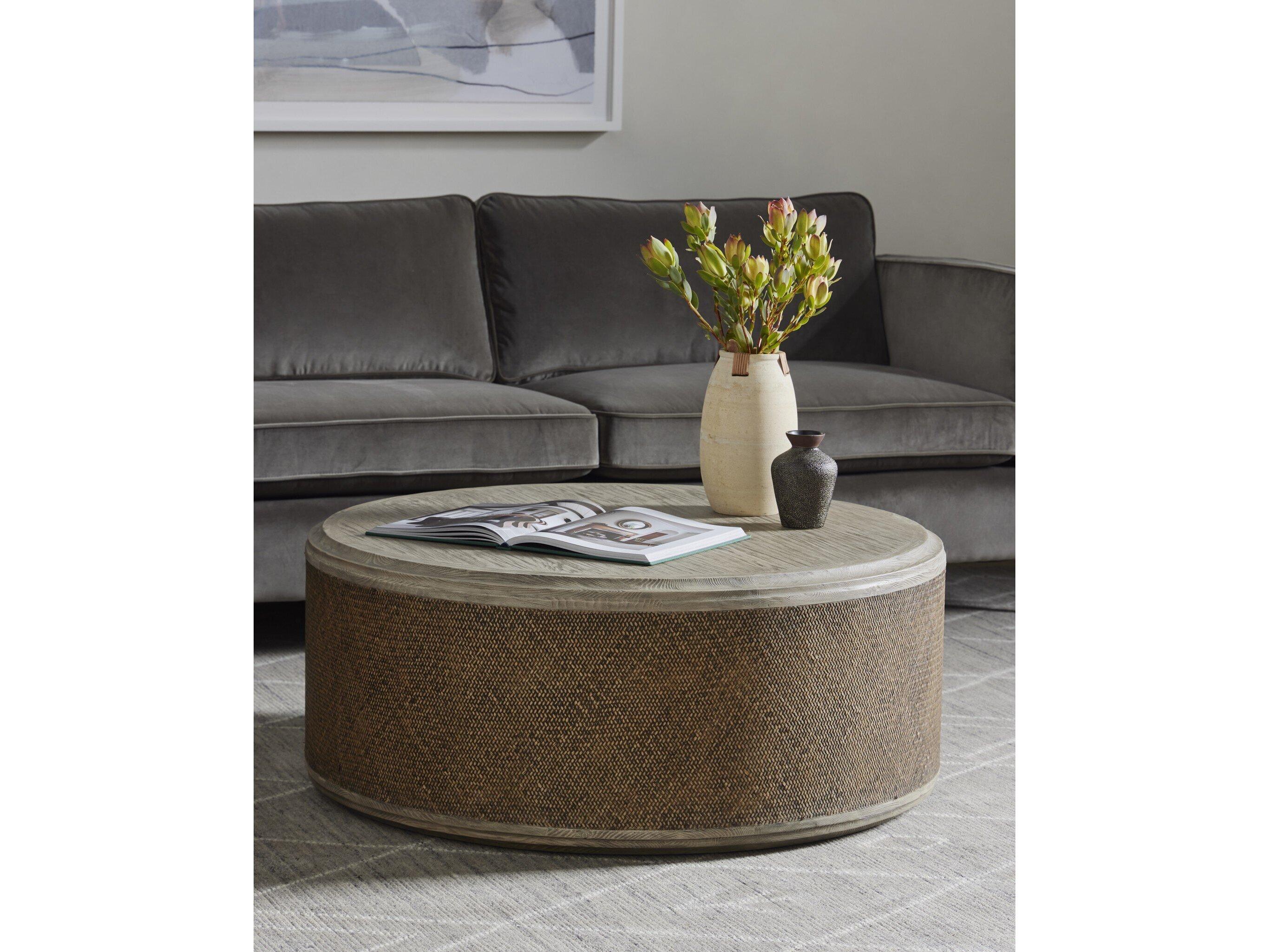 Four Hands Hughes Kiara Round Wood Weathered Blonde Pine Rustic Rattan Coffee Table