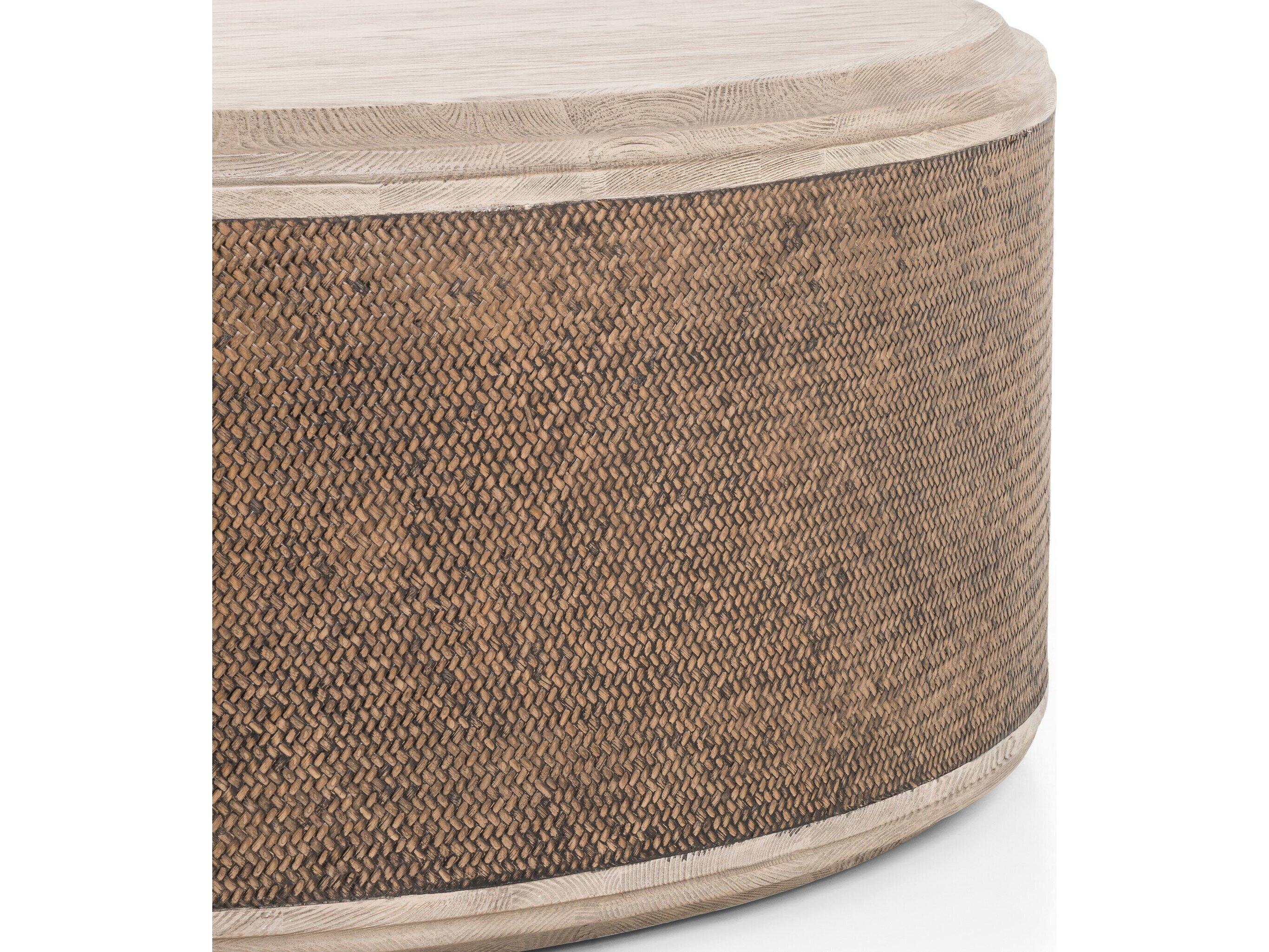 Four Hands Hughes Kiara Round Wood Weathered Blonde Pine Rustic Rattan Coffee Table