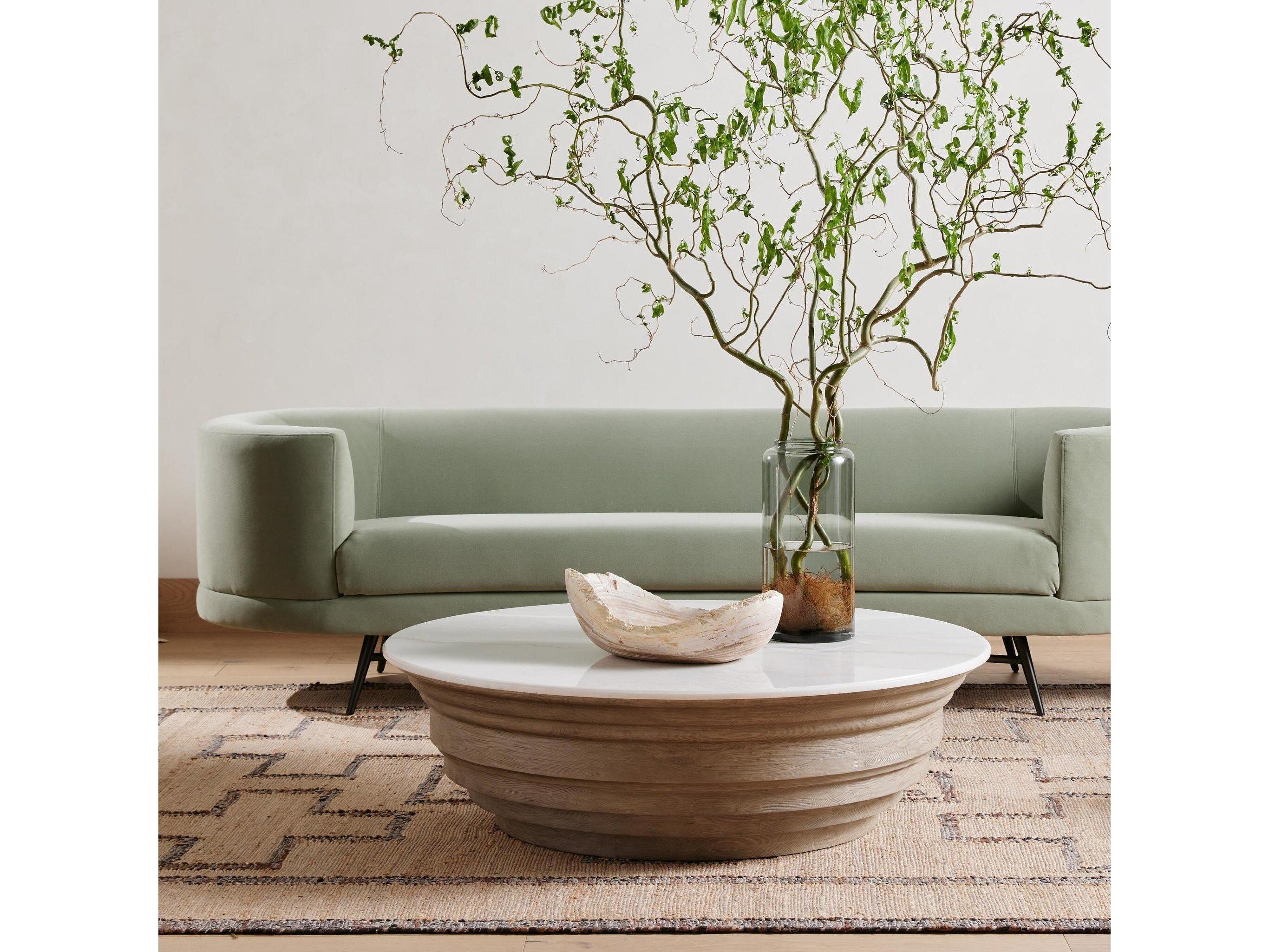 Four Hands Hughes Caldwell Round Weathered Blonde Pine White Marble Coffee Table