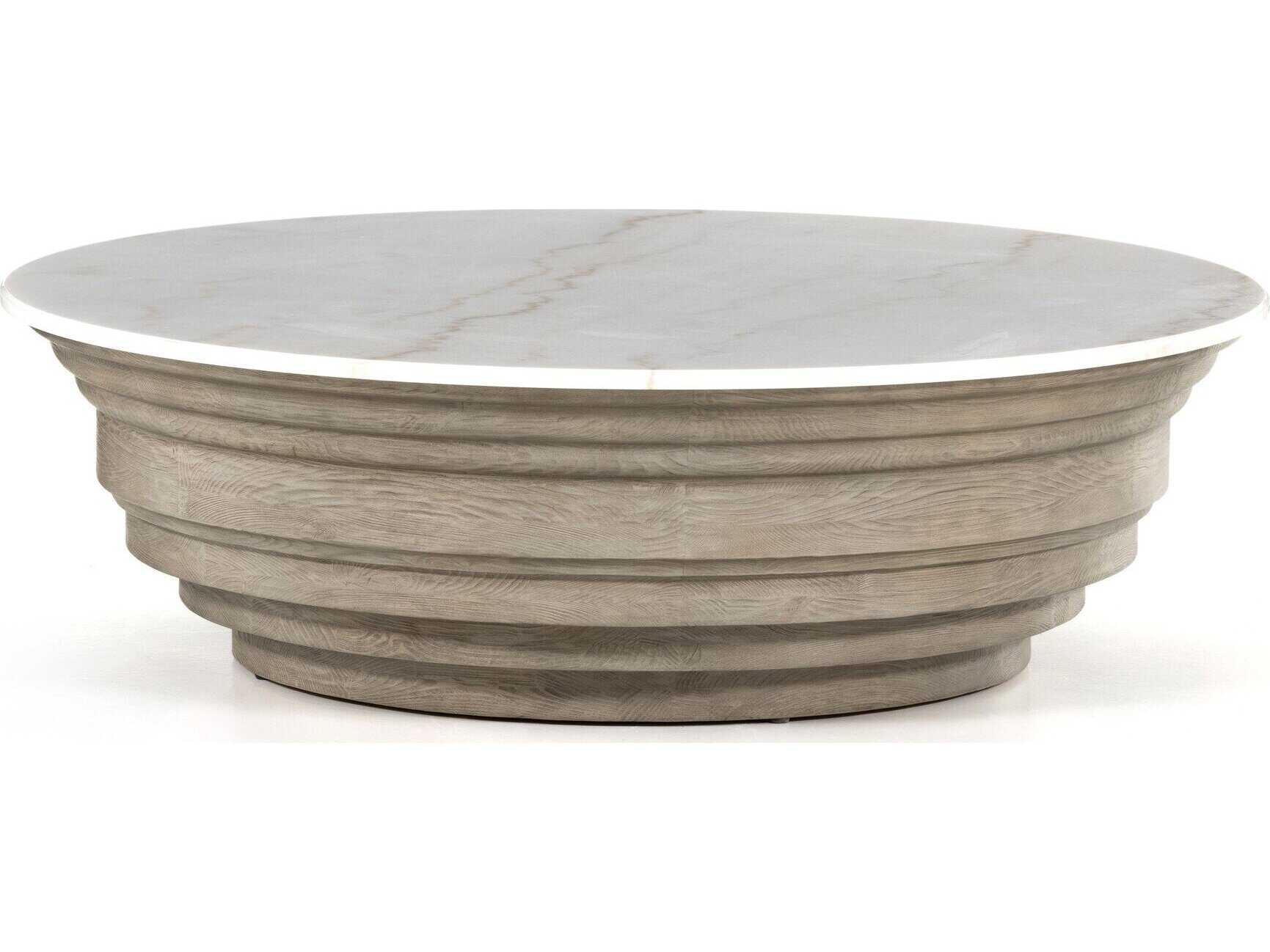 Four Hands Hughes Caldwell Round Weathered Blonde Pine White Marble Coffee Table