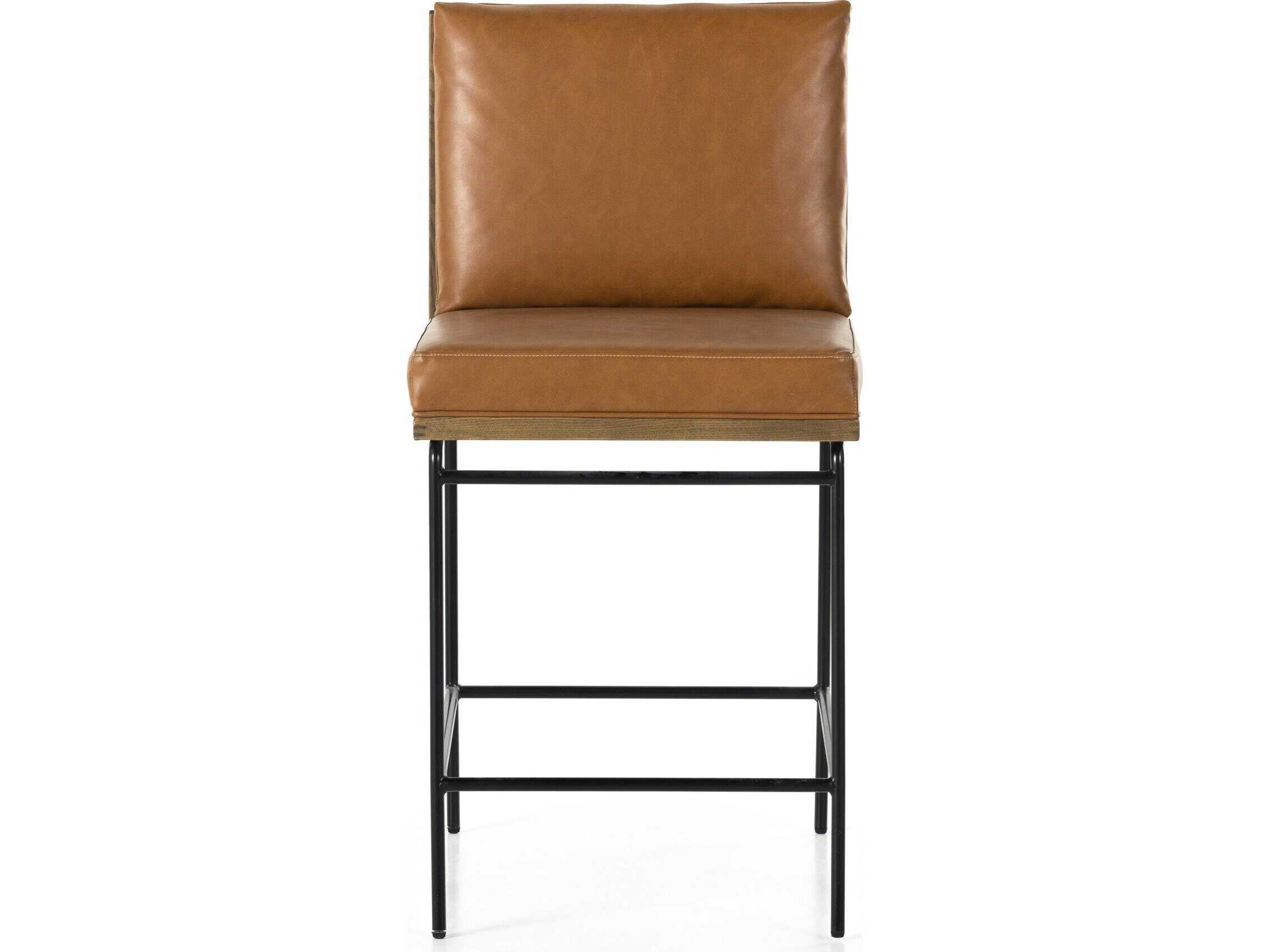 Four Hands Westgate Crete Leather Oak Wood Amber Midnight Iron Sierra Butterscotch Counter Stool