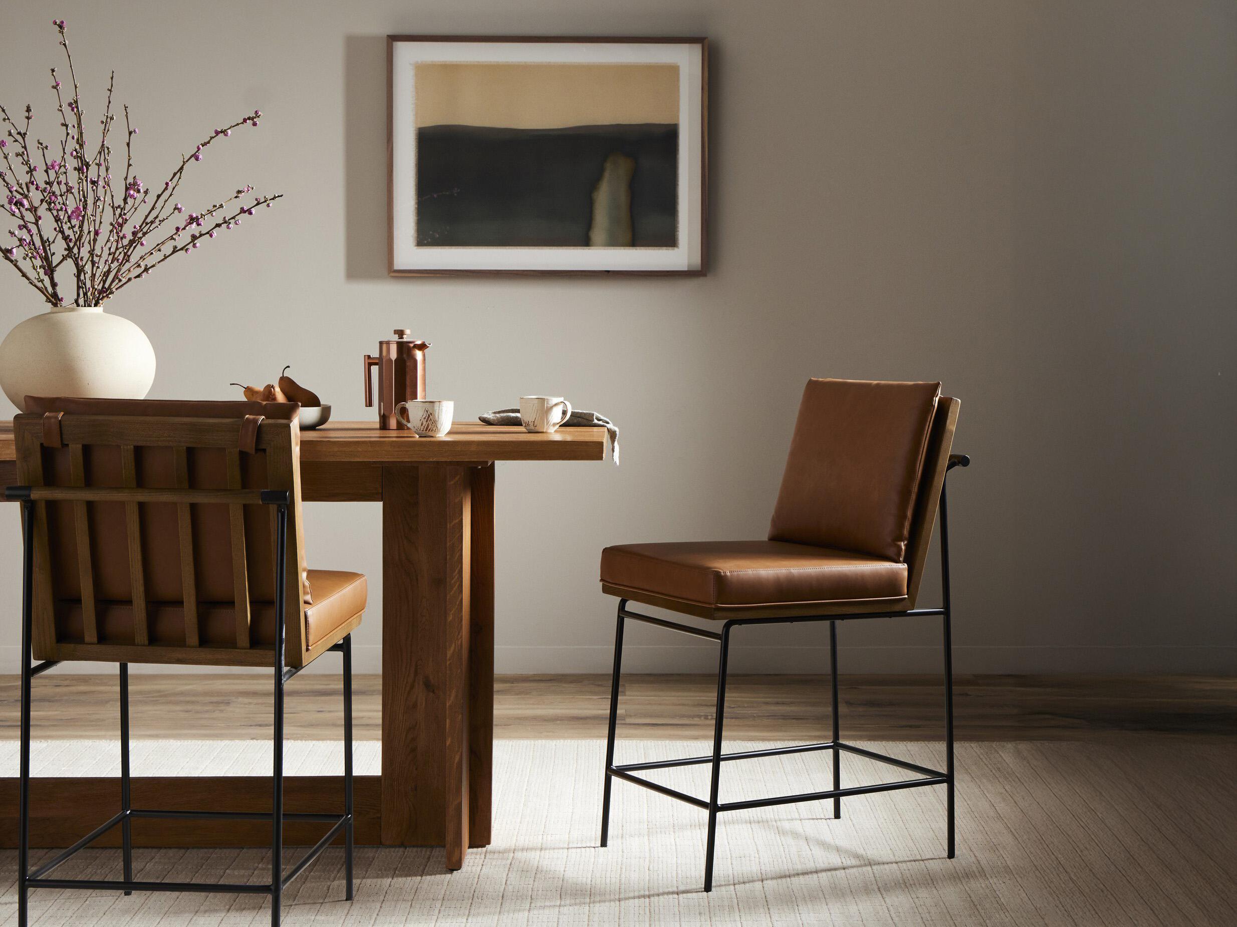 Four Hands Westgate Crete Leather Oak Wood Amber Midnight Iron Sierra Butterscotch Counter Stool