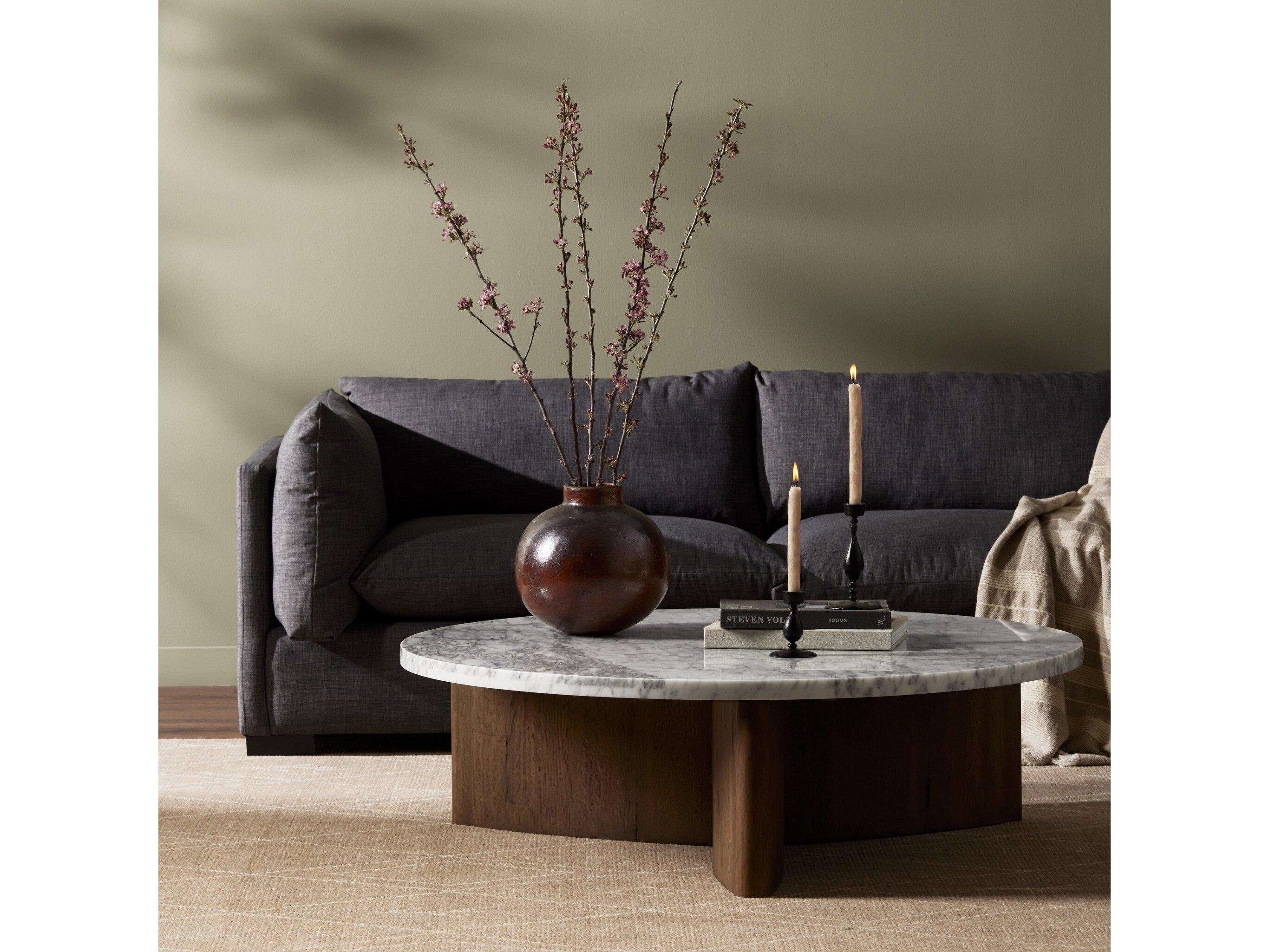 Four Hands Bina Toli Round Marble Rustic Fawn White Coffee Table