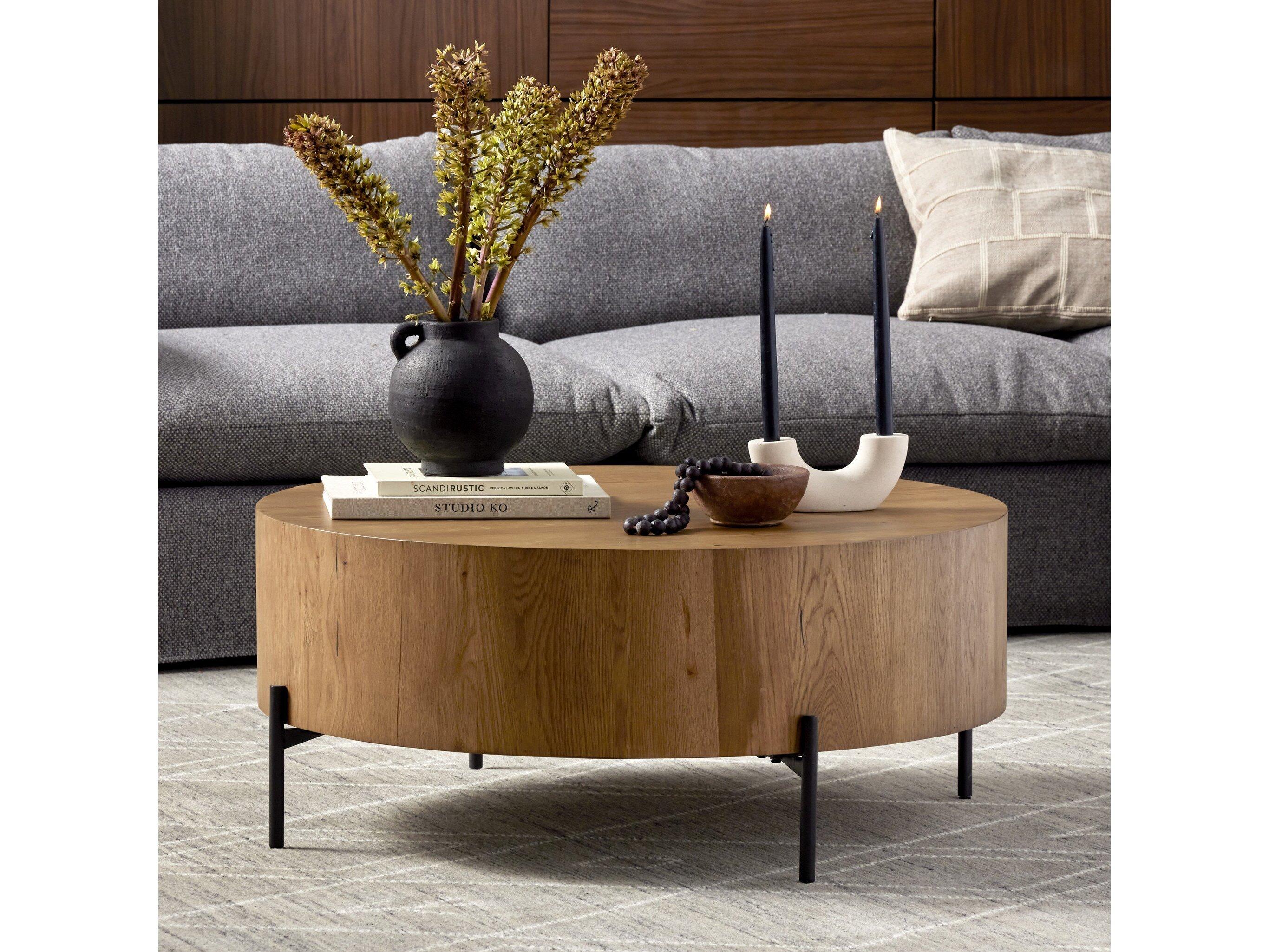 Four Hands Haiden Round Wood Dark Gunmetal Amber Oak Resin Coffee Table