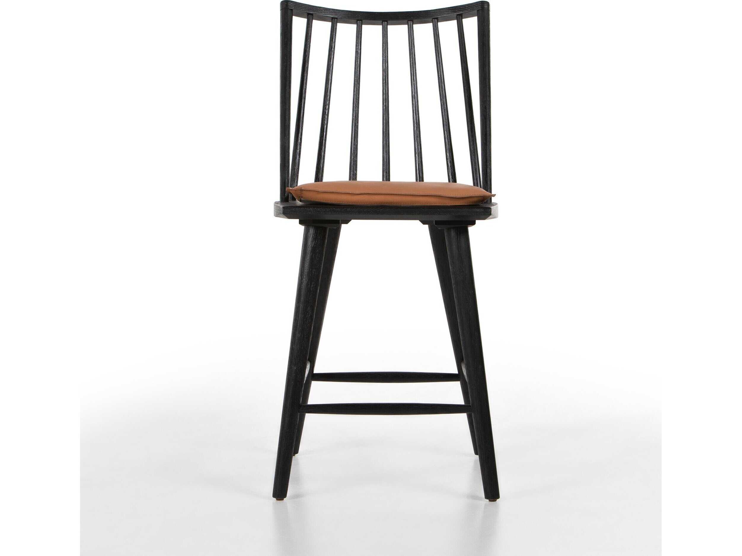 Four Hands Wallis Lewis Leather Oak Wood Black Whiskey Saddle Counter Stool
