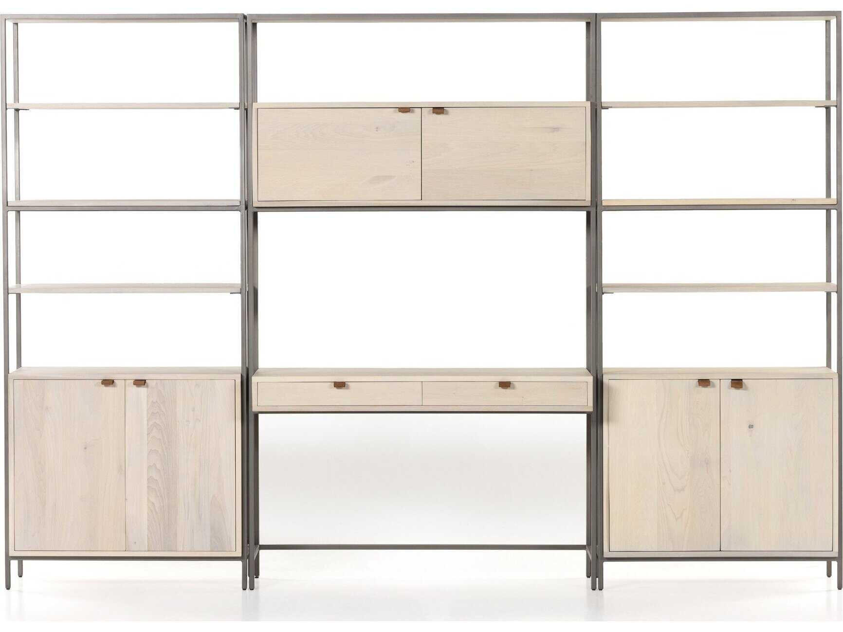 Four Hands Fulton Trey Dove Poplar Modular Wall Desk w/ 2 Bookcases