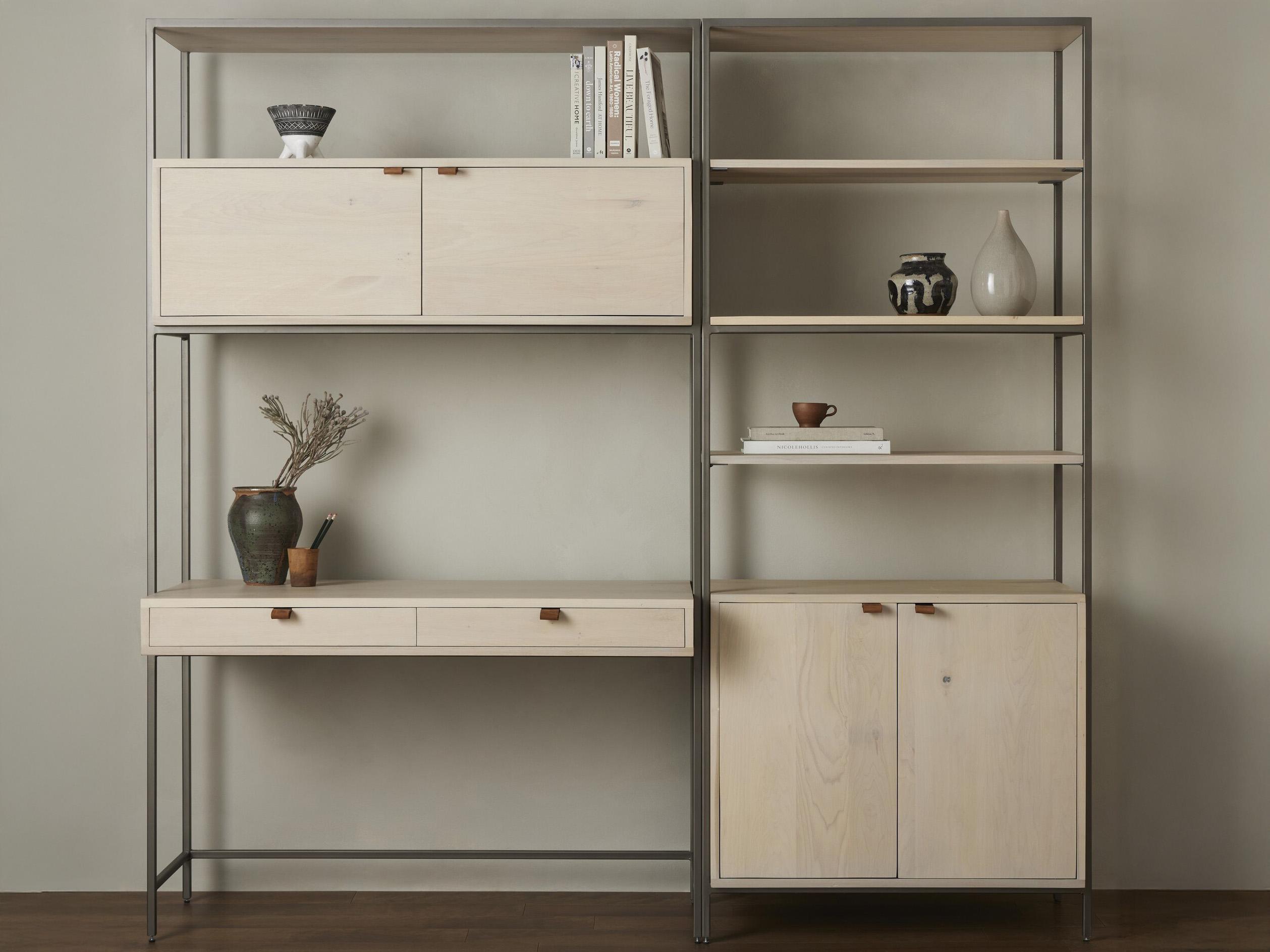 Four Hands Fulton Trey Dove Poplar Modular Wall Desk w/ 1 Bookcase