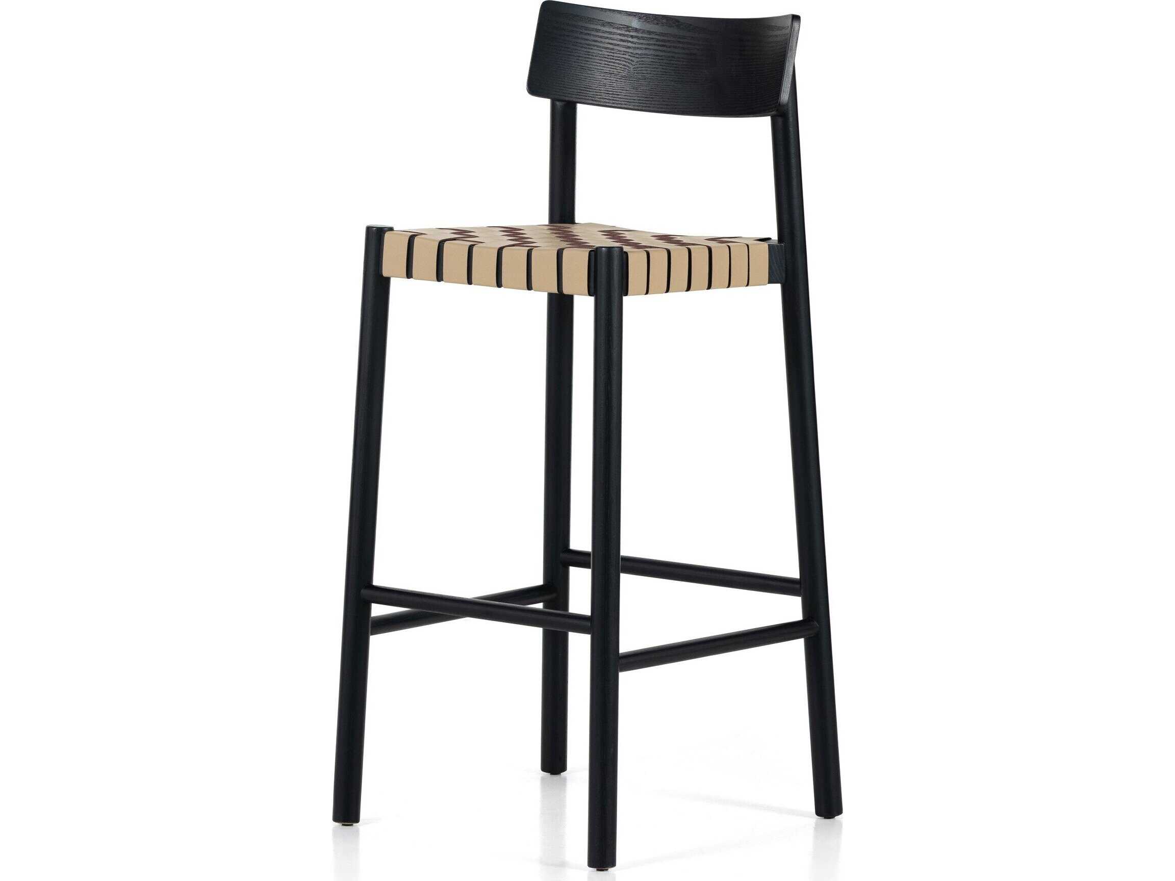 Four Hands Allston Heisler Leather Ash Wood Black Veneer Almond Blend Bar Stool