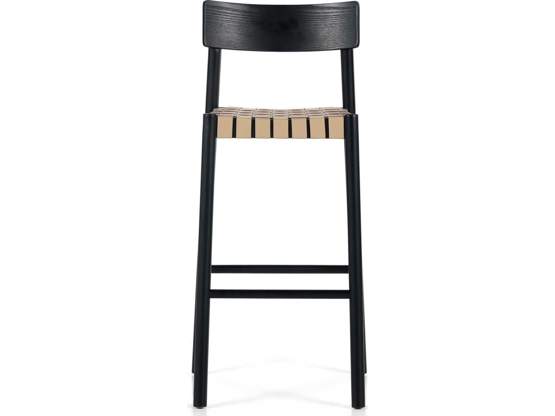 Four Hands Allston Heisler Leather Ash Wood Black Veneer Almond Blend Bar Stool