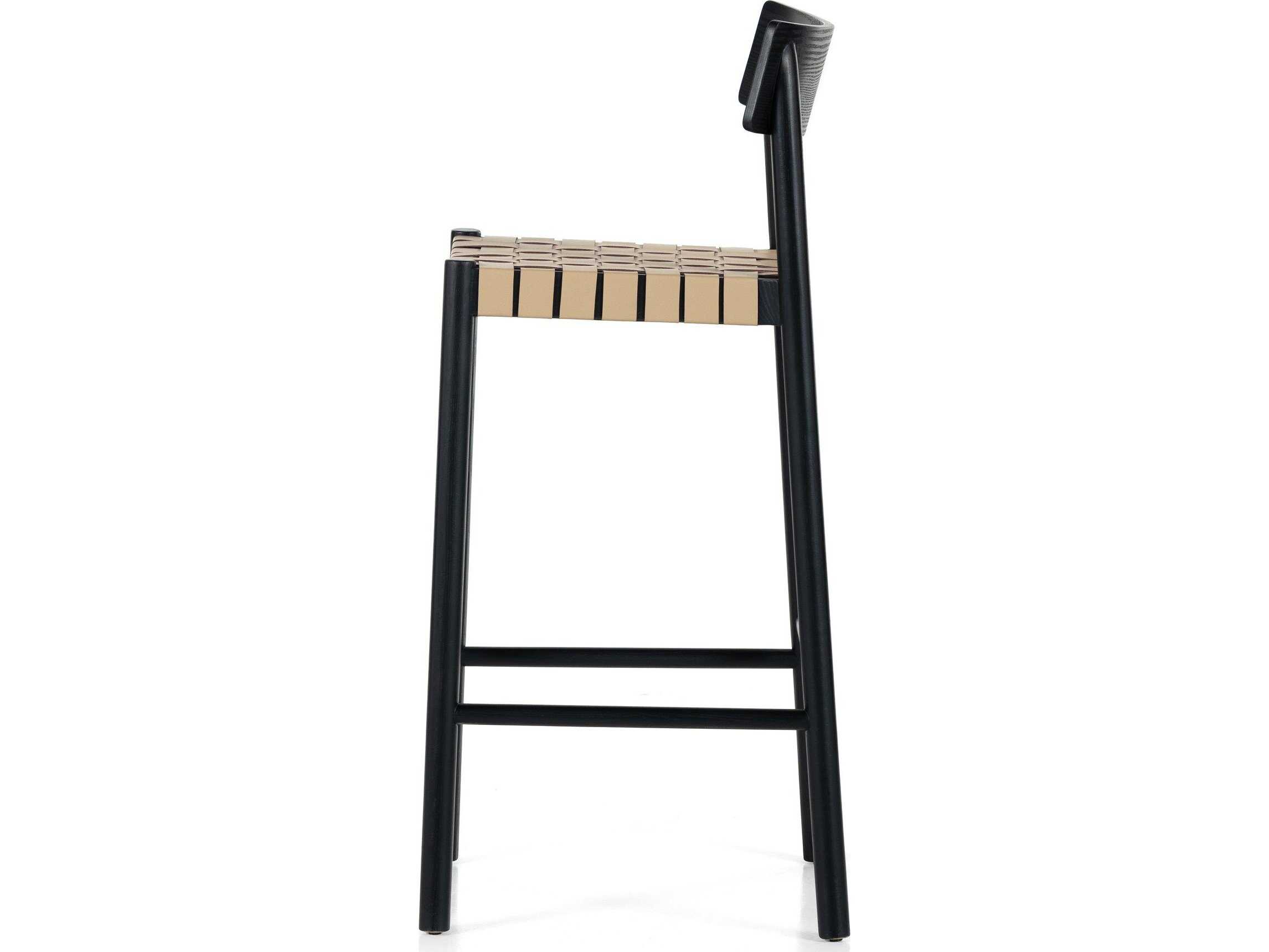 Four Hands Allston Heisler Leather Ash Wood Black Veneer Almond Blend Bar Stool