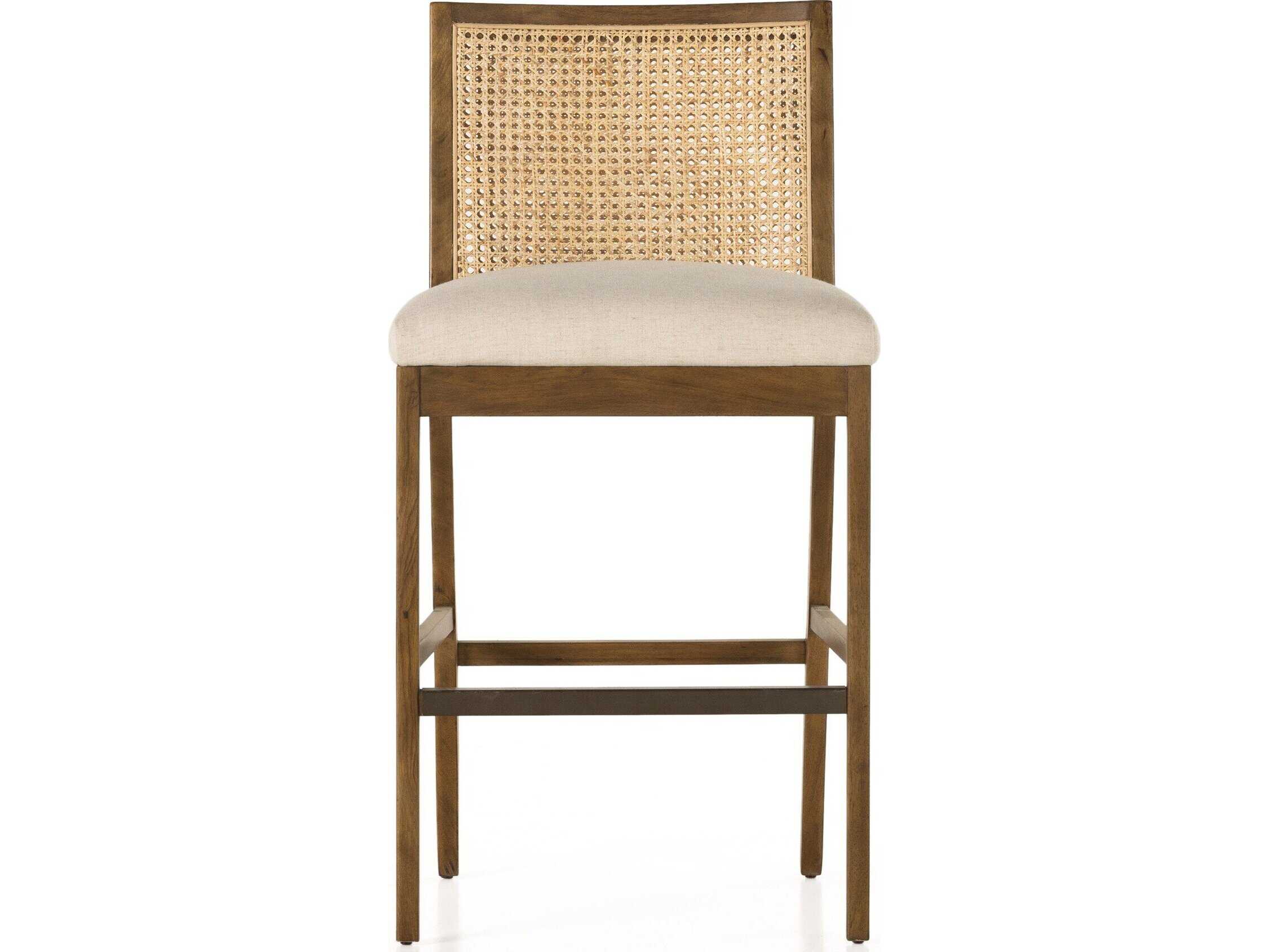 Four Hands Belfast Antonia Savile Flax Upholstered Cane Armless Bar Stool