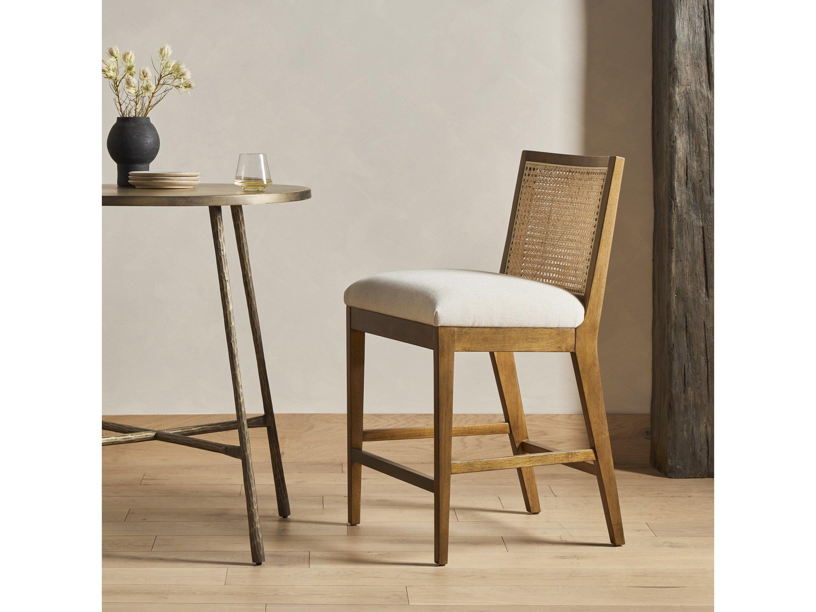 Four Hands Belfast Antonia Savile Flax Upholstered Cane Armless Bar Stool