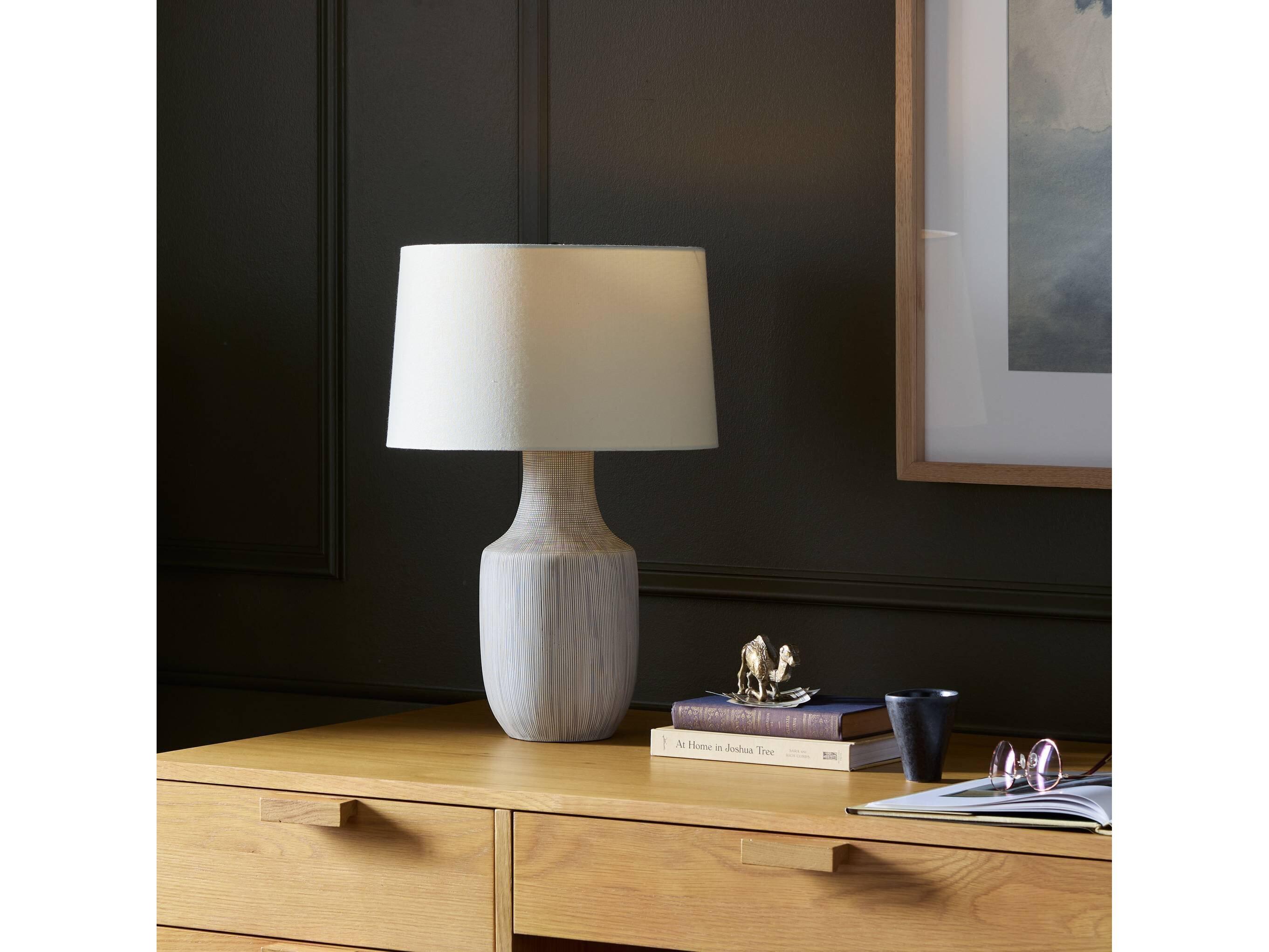 Four Hands Ryker Black & White Grid Ceramic Ivory Linen LED Table Lamp