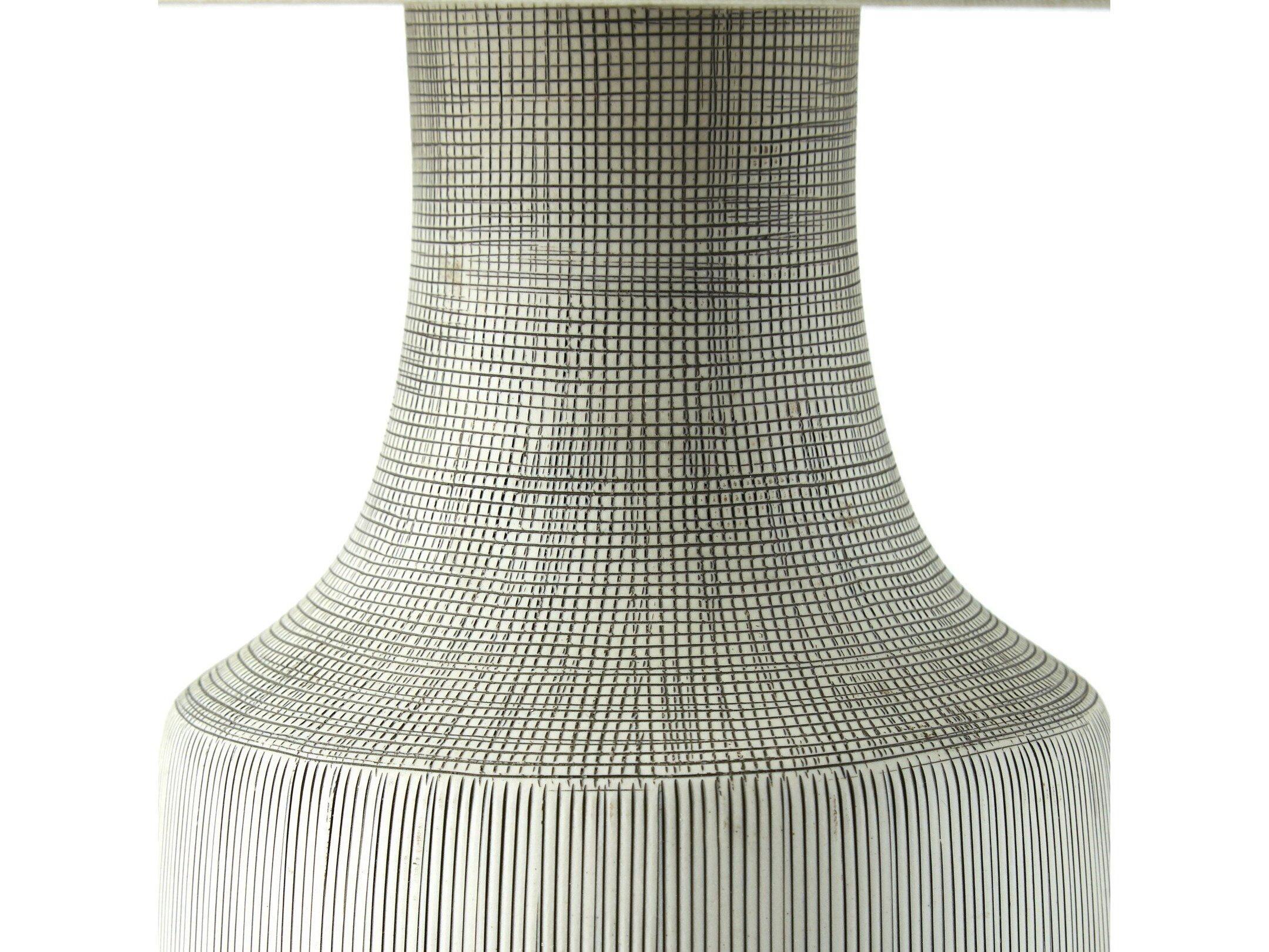 Four Hands Ryker Black & White Grid Ceramic Ivory Linen LED Table Lamp