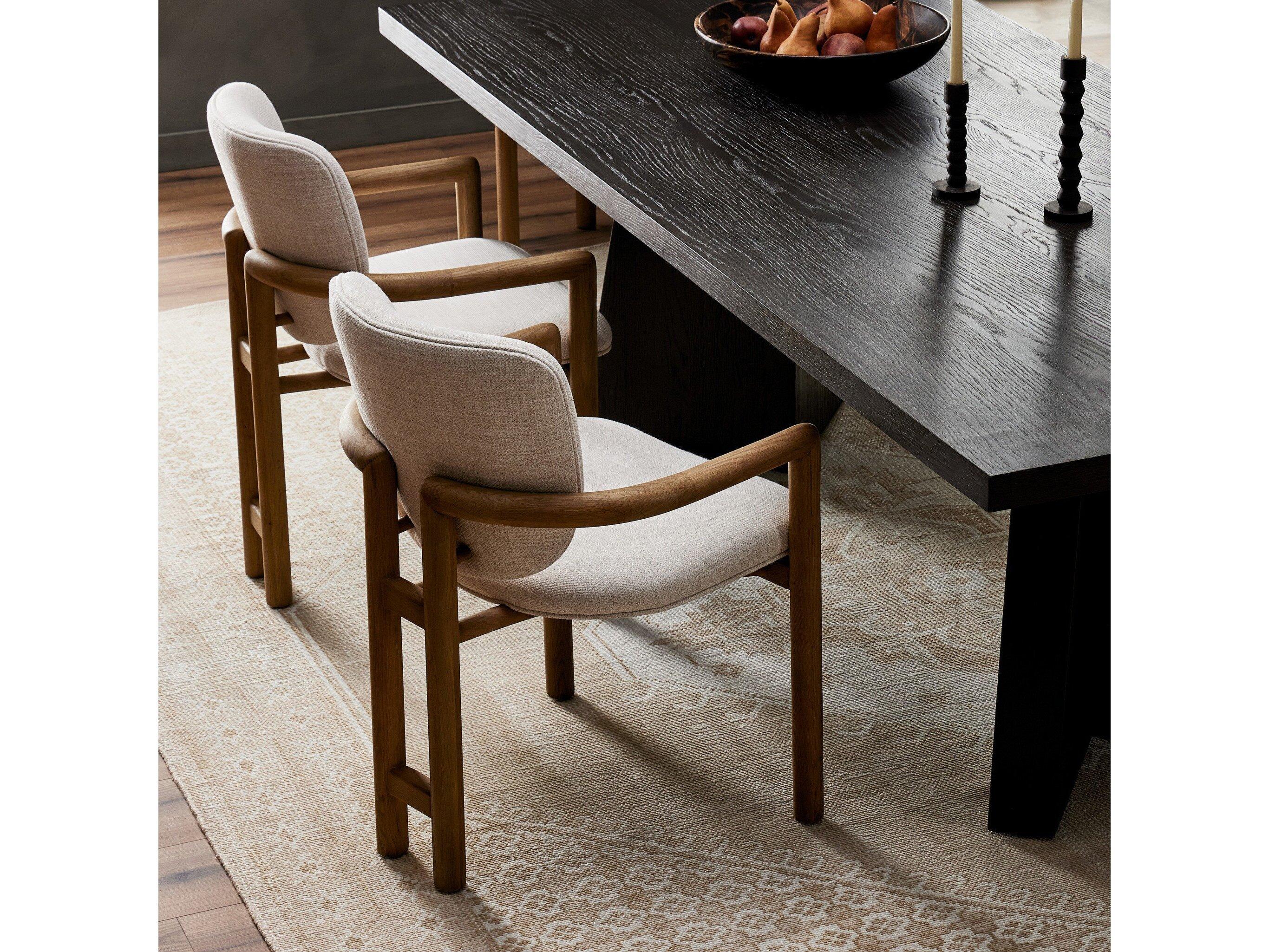 Four Hands Irondale Madeira Fabric Oak Wood Beige Upholstered Arm Dining Chair