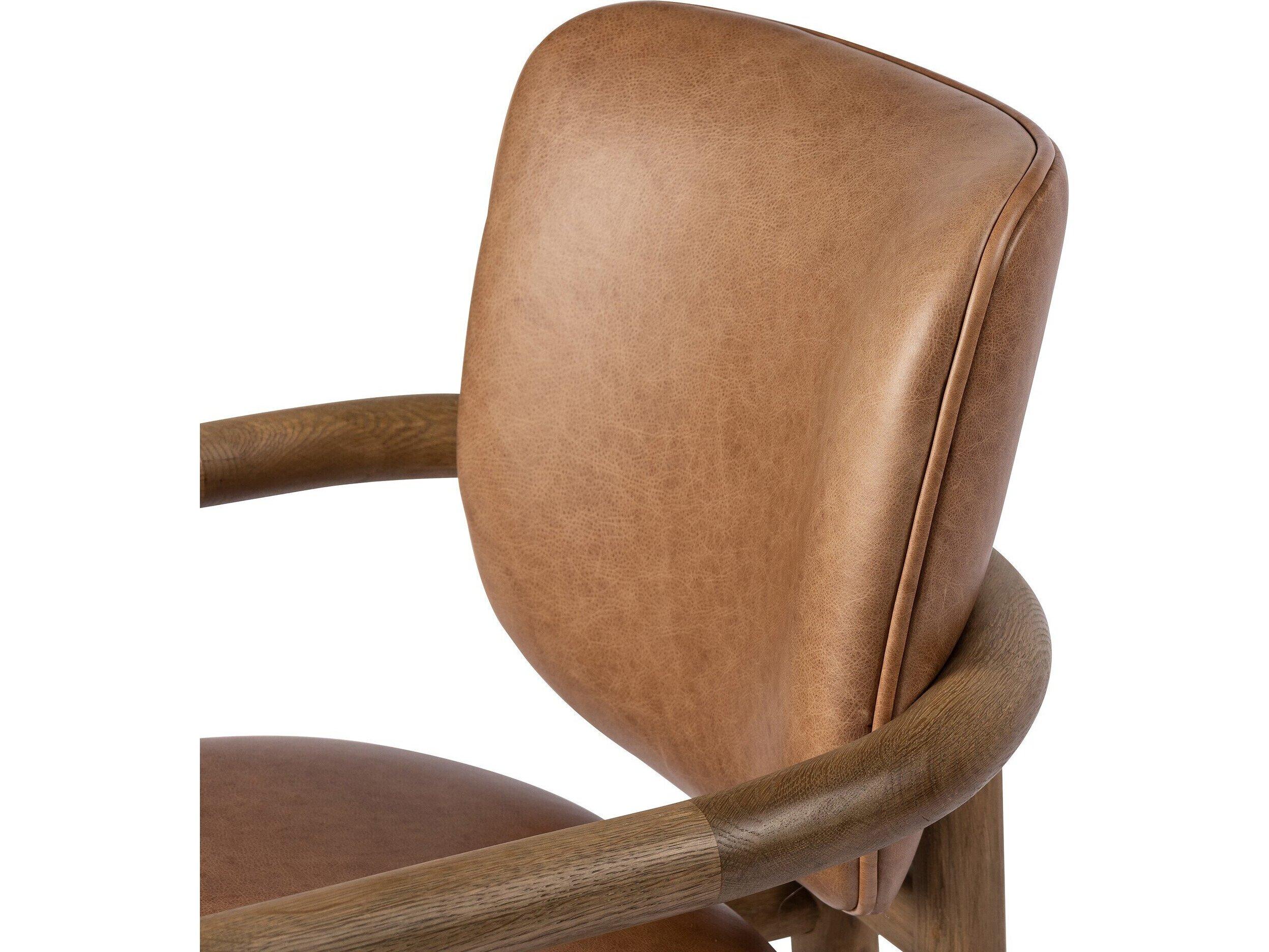 Four Hands Irondale Madeira Leather Oak Wood Brown Upholstered Arm Dining Chair