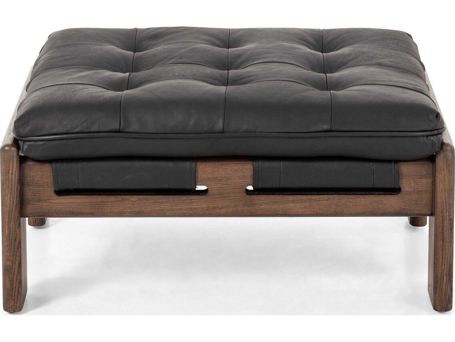 Four Hands Kensington Halston Heirloom Black Terra Brown Ash Leather Ottoman