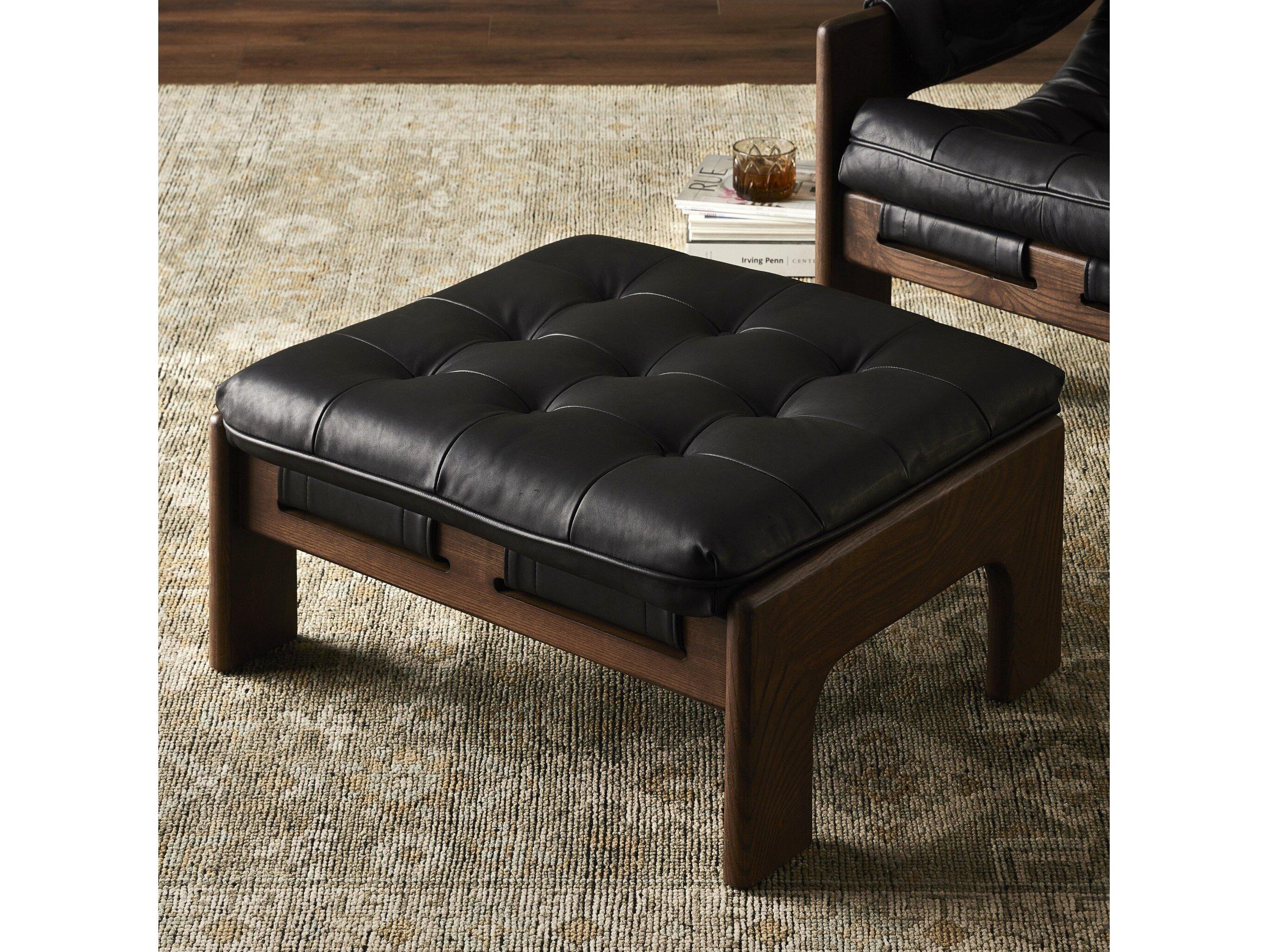 Four Hands Kensington Halston Heirloom Black Terra Brown Ash Leather Ottoman