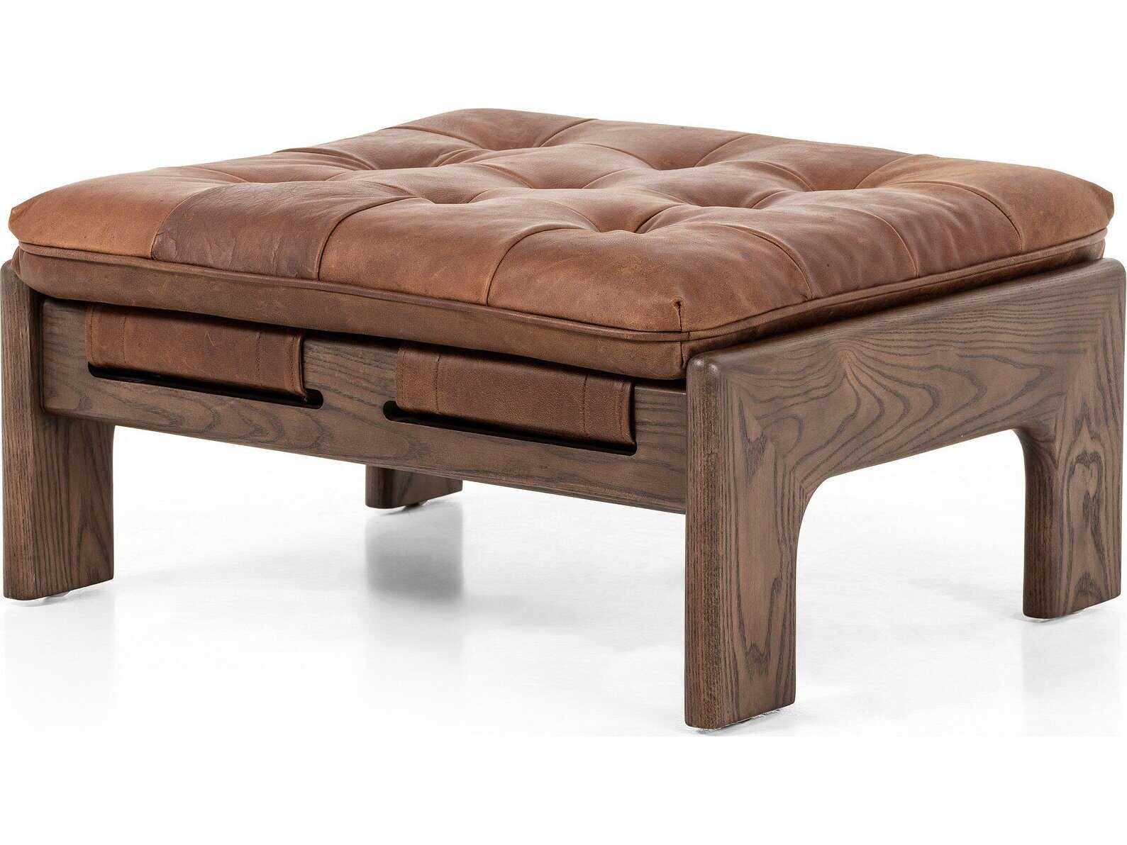 Four Hands Kensington Halston Heirloom Sienna Terra Brown Ash Leather Ottoman