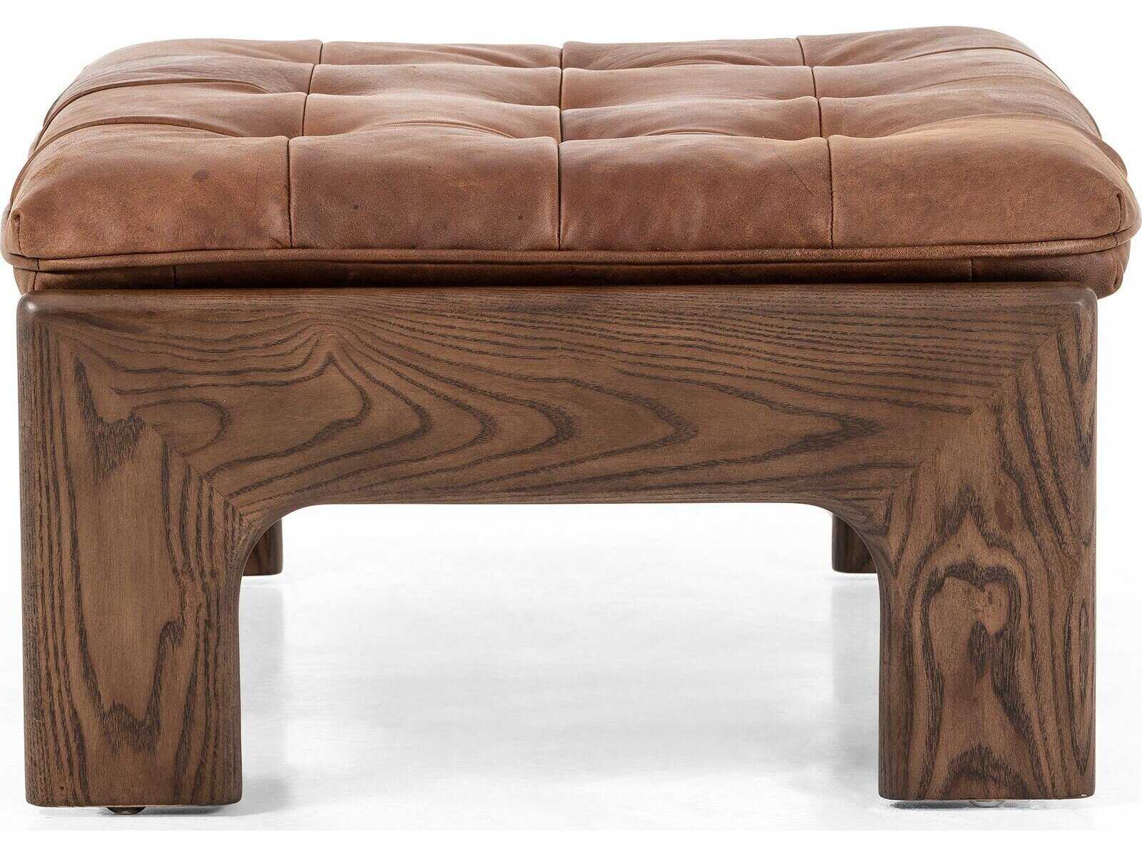Four Hands Kensington Halston Heirloom Sienna Terra Brown Ash Leather Ottoman