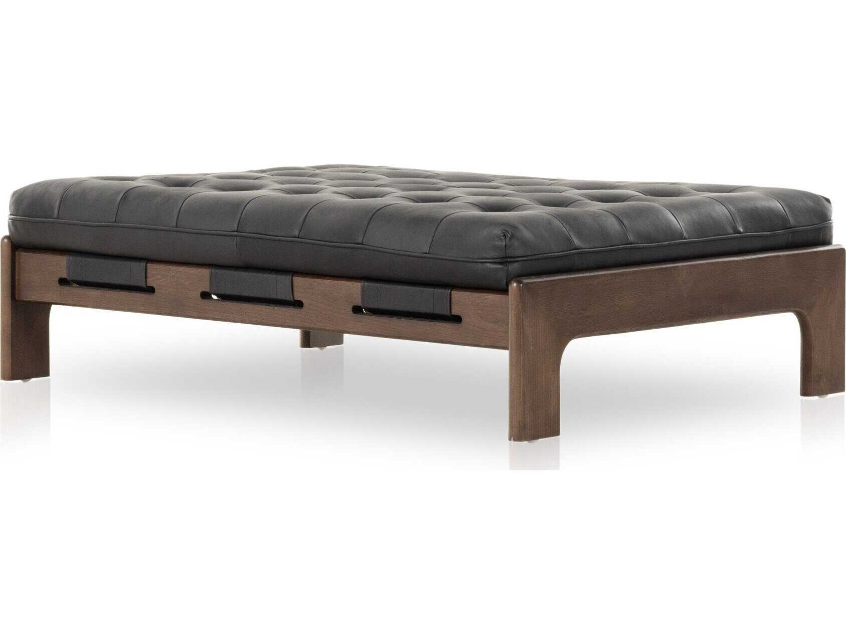 Four Hands Kensington Halston Heirloom Black Terra Brown Ash Leather Ottoman