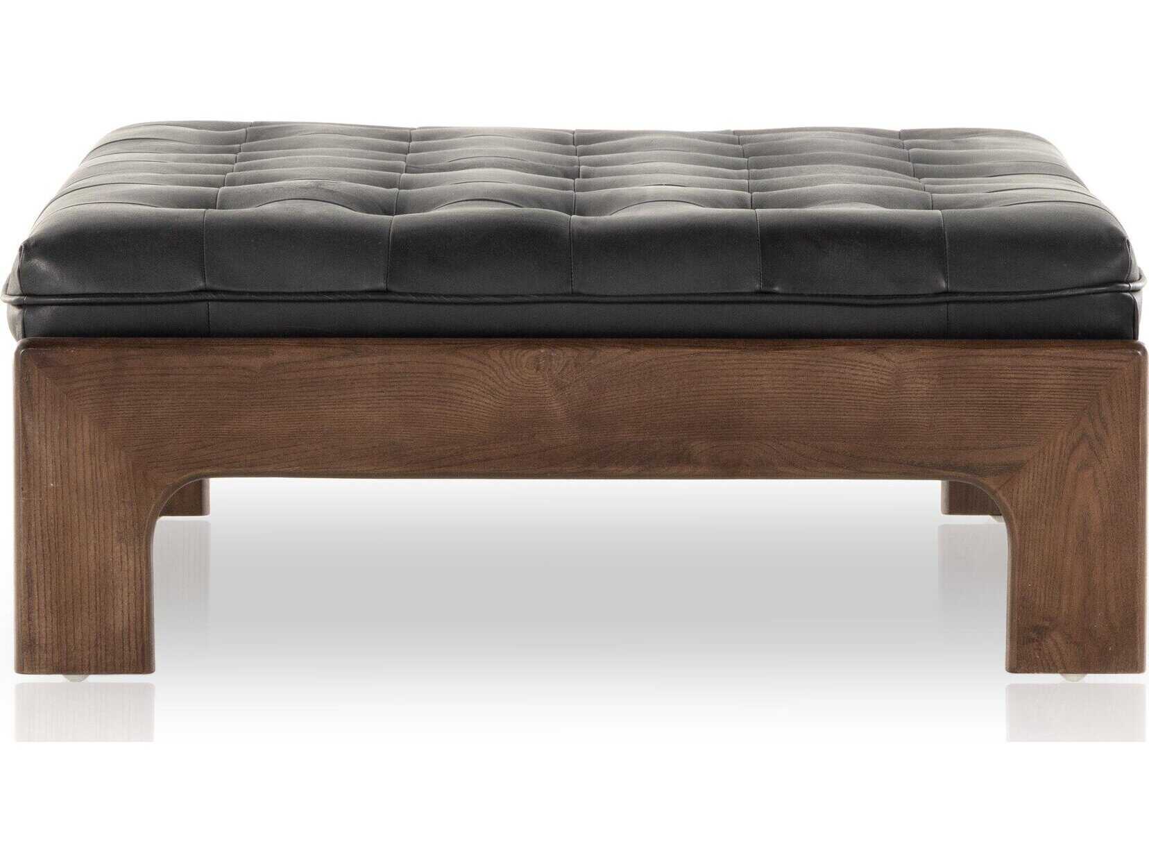 Four Hands Kensington Halston Heirloom Black Terra Brown Ash Leather Ottoman