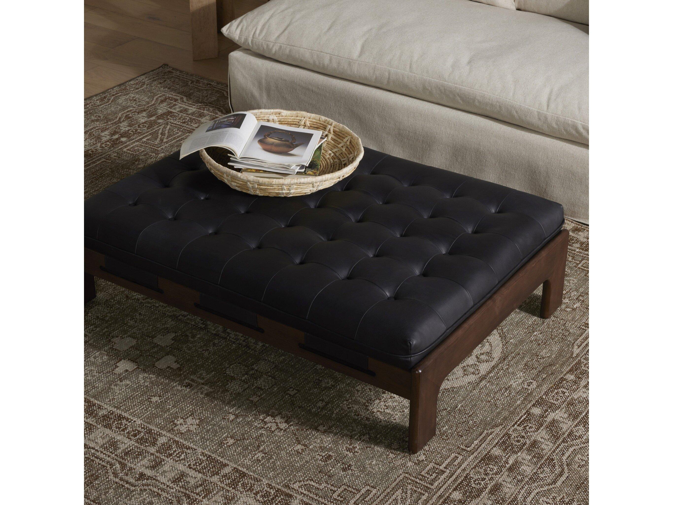 Four Hands Kensington Halston Heirloom Black Terra Brown Ash Leather Ottoman