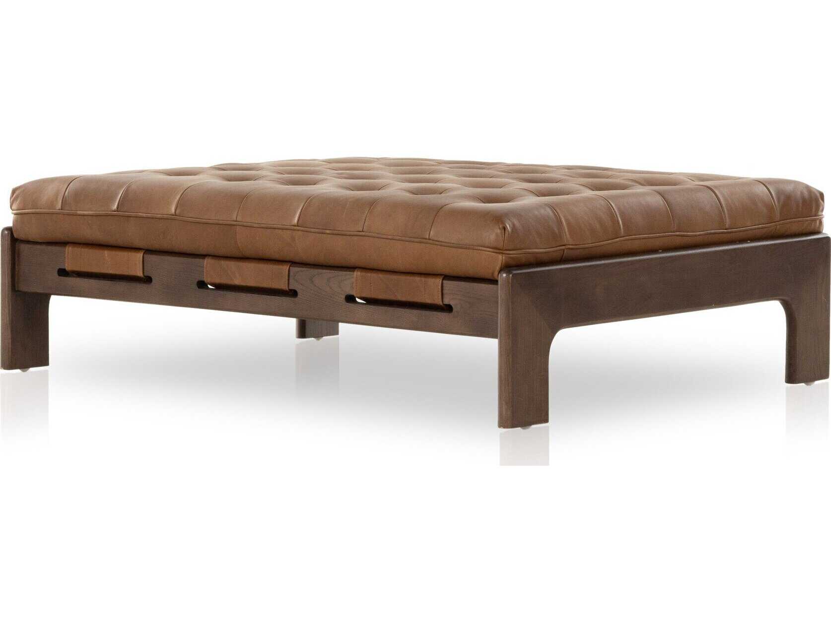 Four Hands Kensington Halston Heirloom Sienna Terra Brown Ash Leather Ottoman
