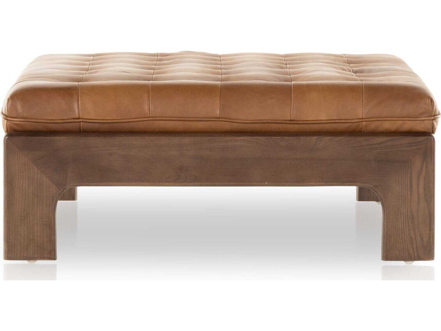 Four Hands Kensington Halston Heirloom Sienna Terra Brown Ash Leather Ottoman
