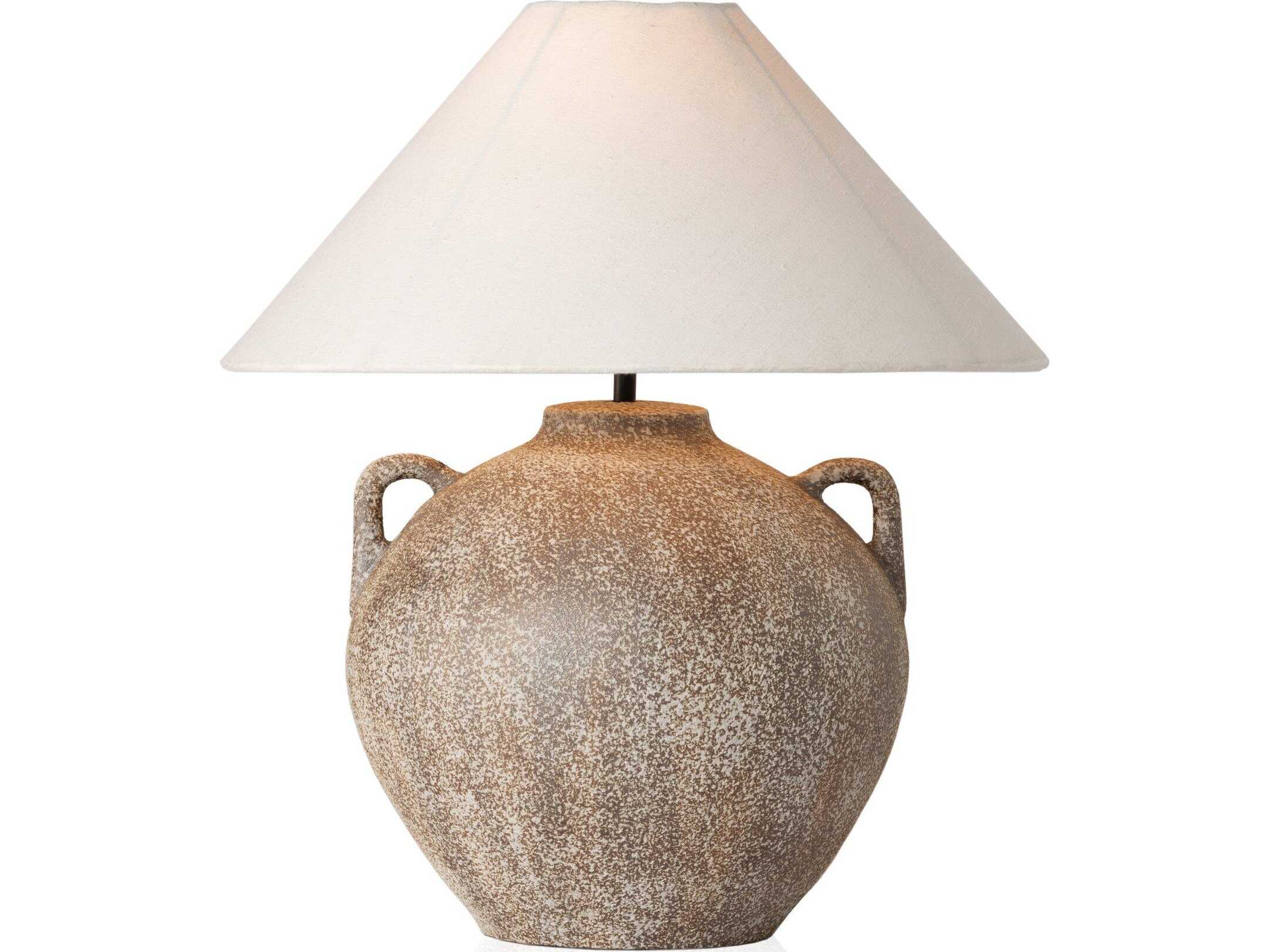 Four Hands Ryker Vintage Brown Ceramic Ivory Linen White LED Table Lamp