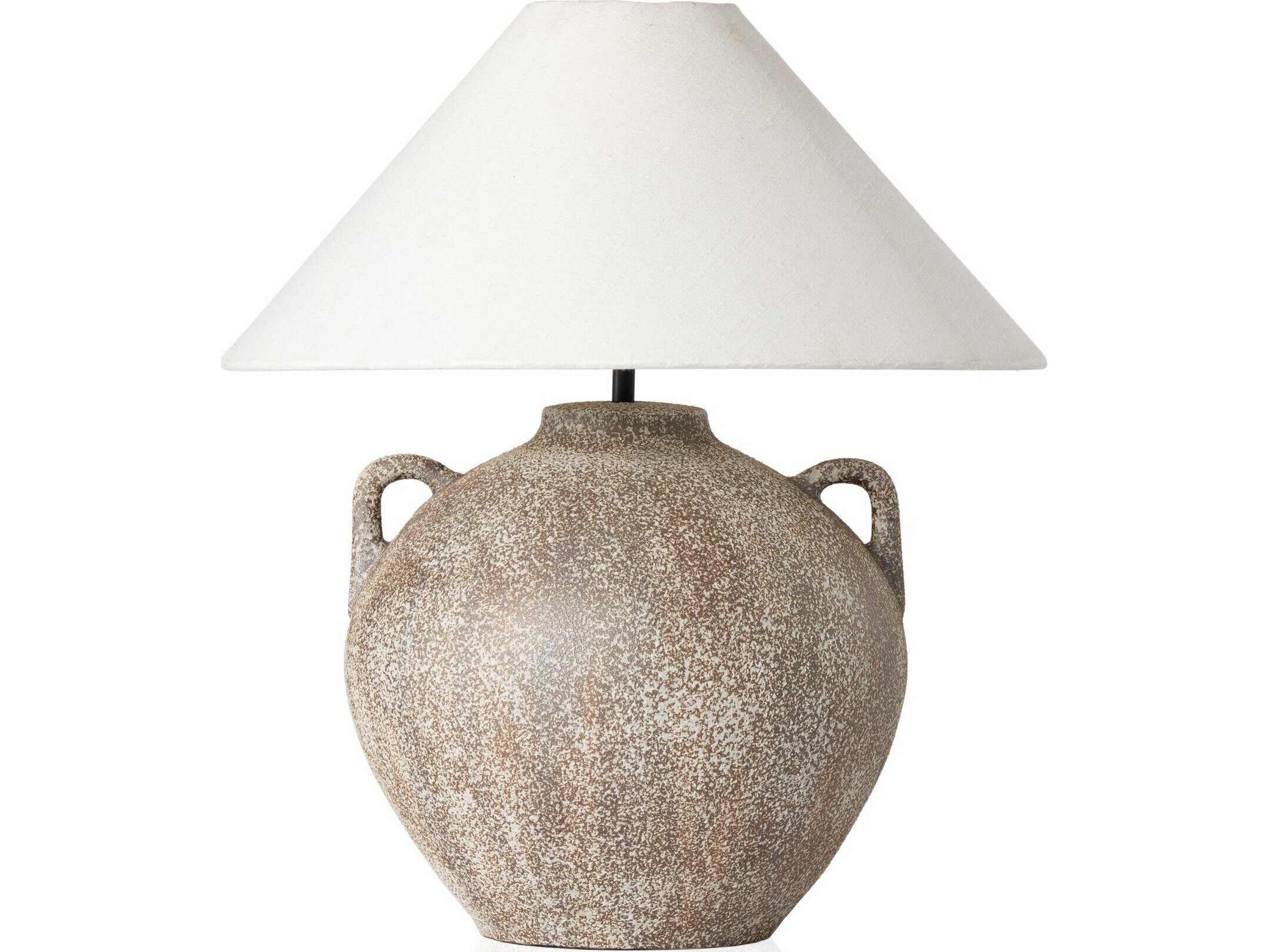 Four Hands Ryker Vintage Brown Ceramic Ivory Linen White LED Table Lamp