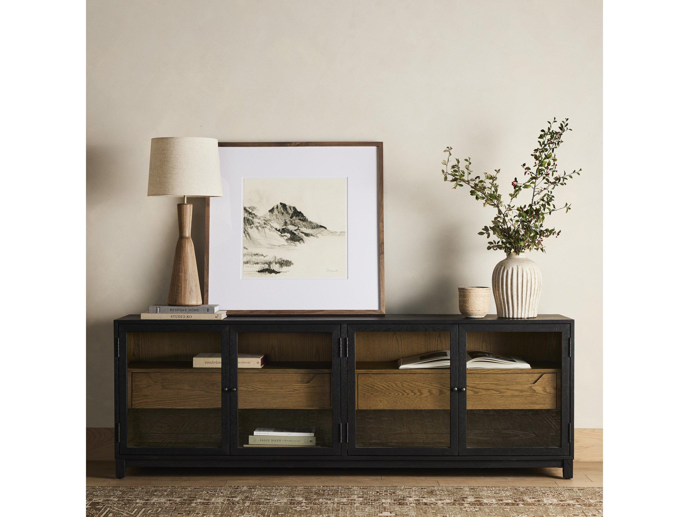 Four Hands Irondale Millie 78" Oak Wood Tempered Glass Drifted Black Media Console