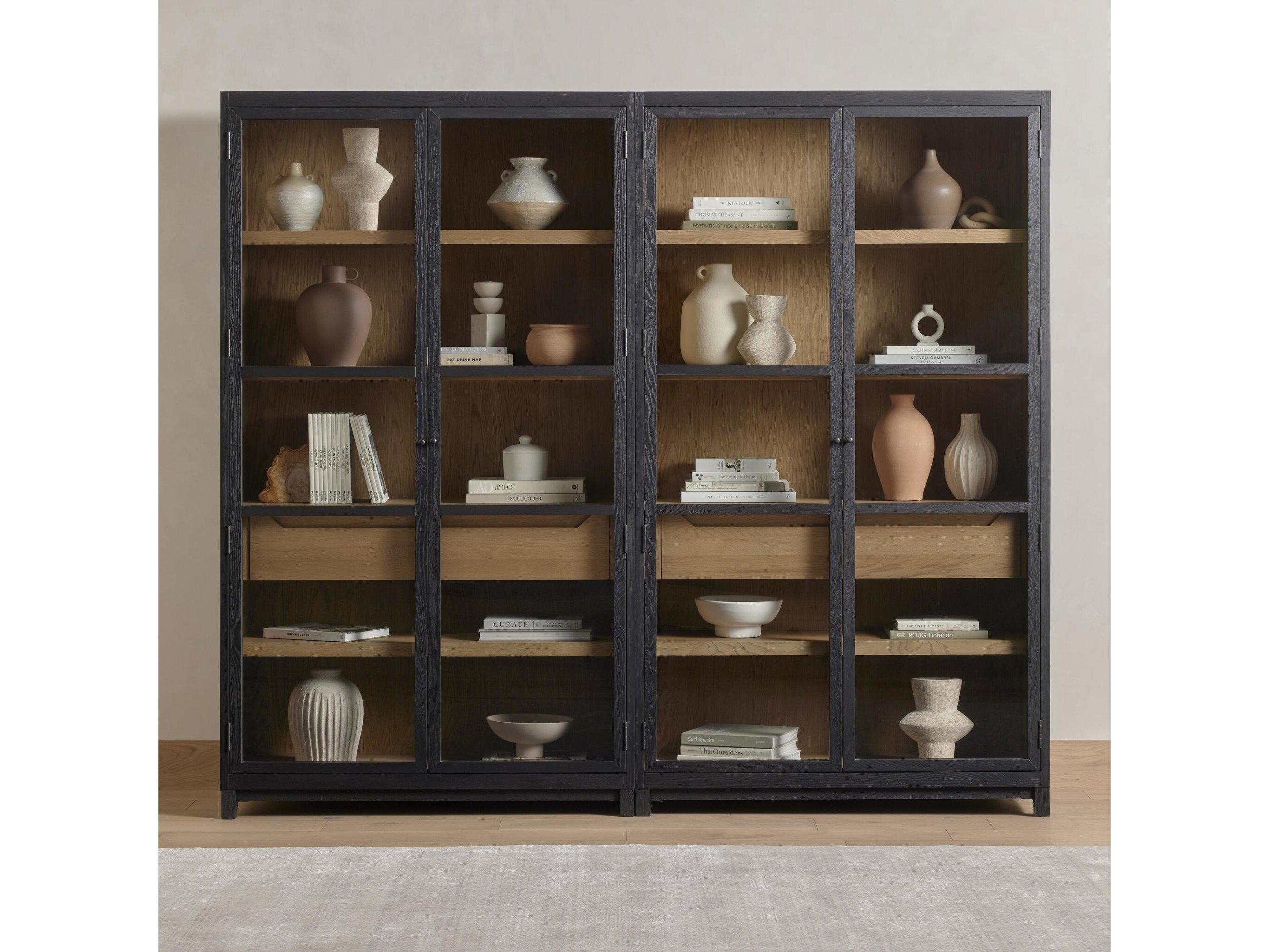 Four Hands Irondale Millie Oak Wood Tempered Glass Drifted Black Display Cabinet