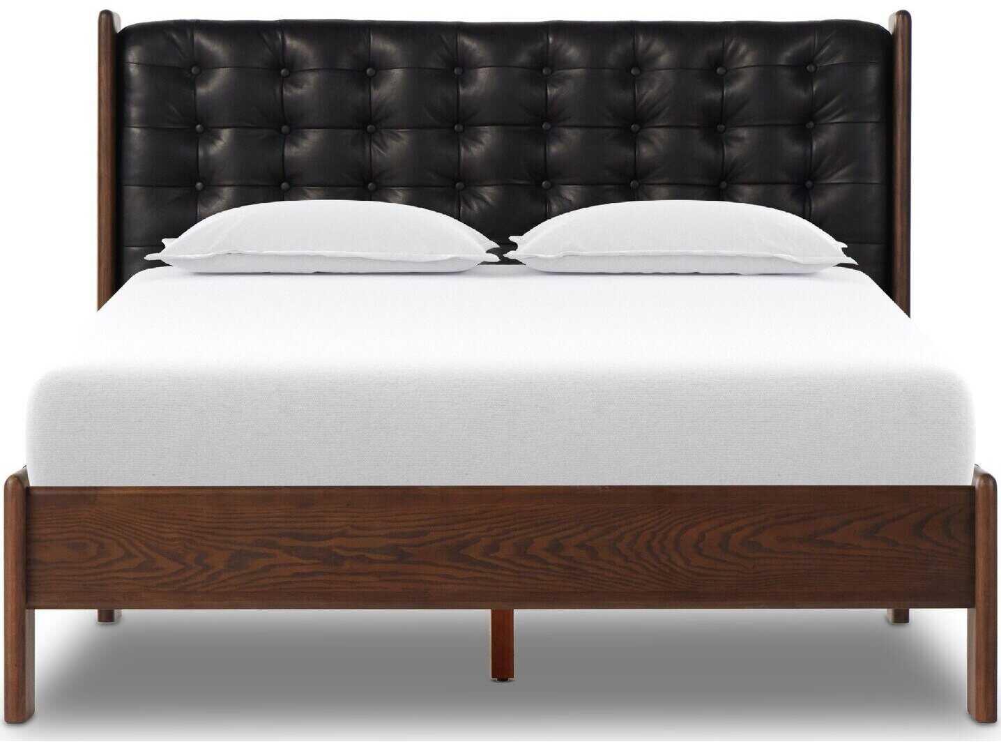 Four Hands Bolton Halston Terra Brown Ash Black Wood Leather King Panel Bed