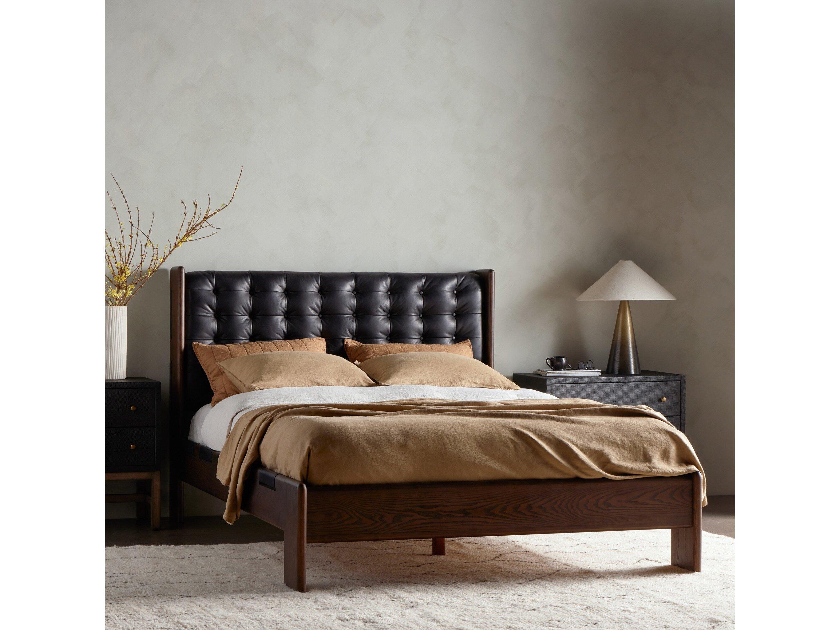 Four Hands Bolton Halston Terra Brown Ash Black Wood Leather King Panel Bed