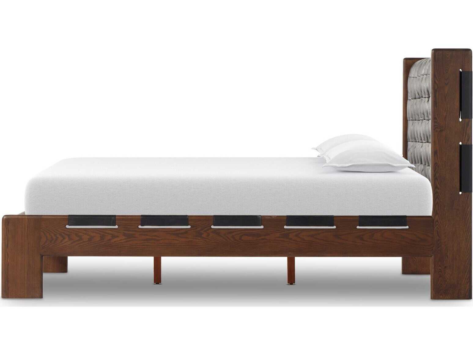 Four Hands Bolton Halston Terra Brown Ash Black Wood Leather Queen Panel Bed